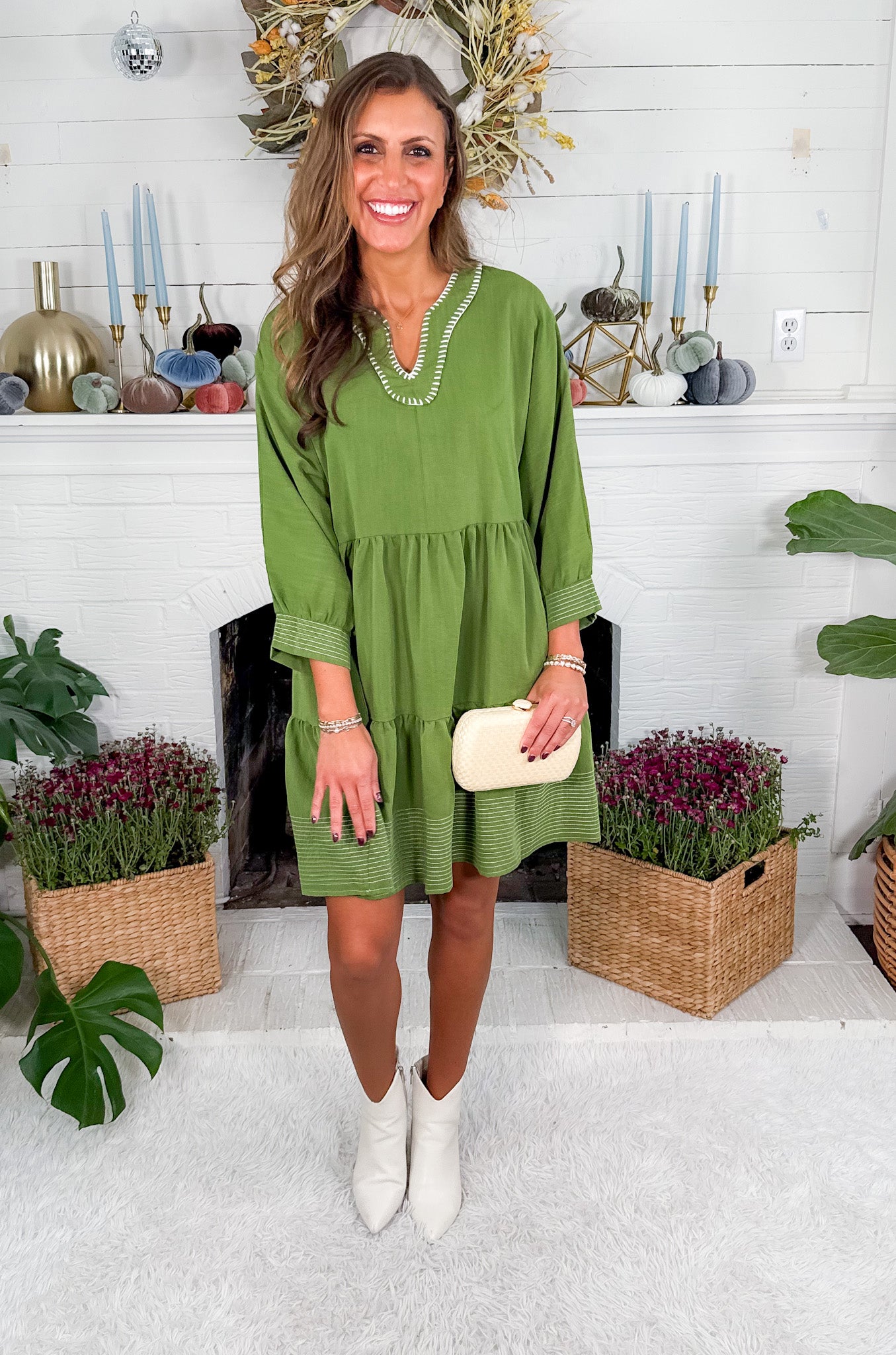 Cherish Jungle Green Contrast Stitch Mini Dress