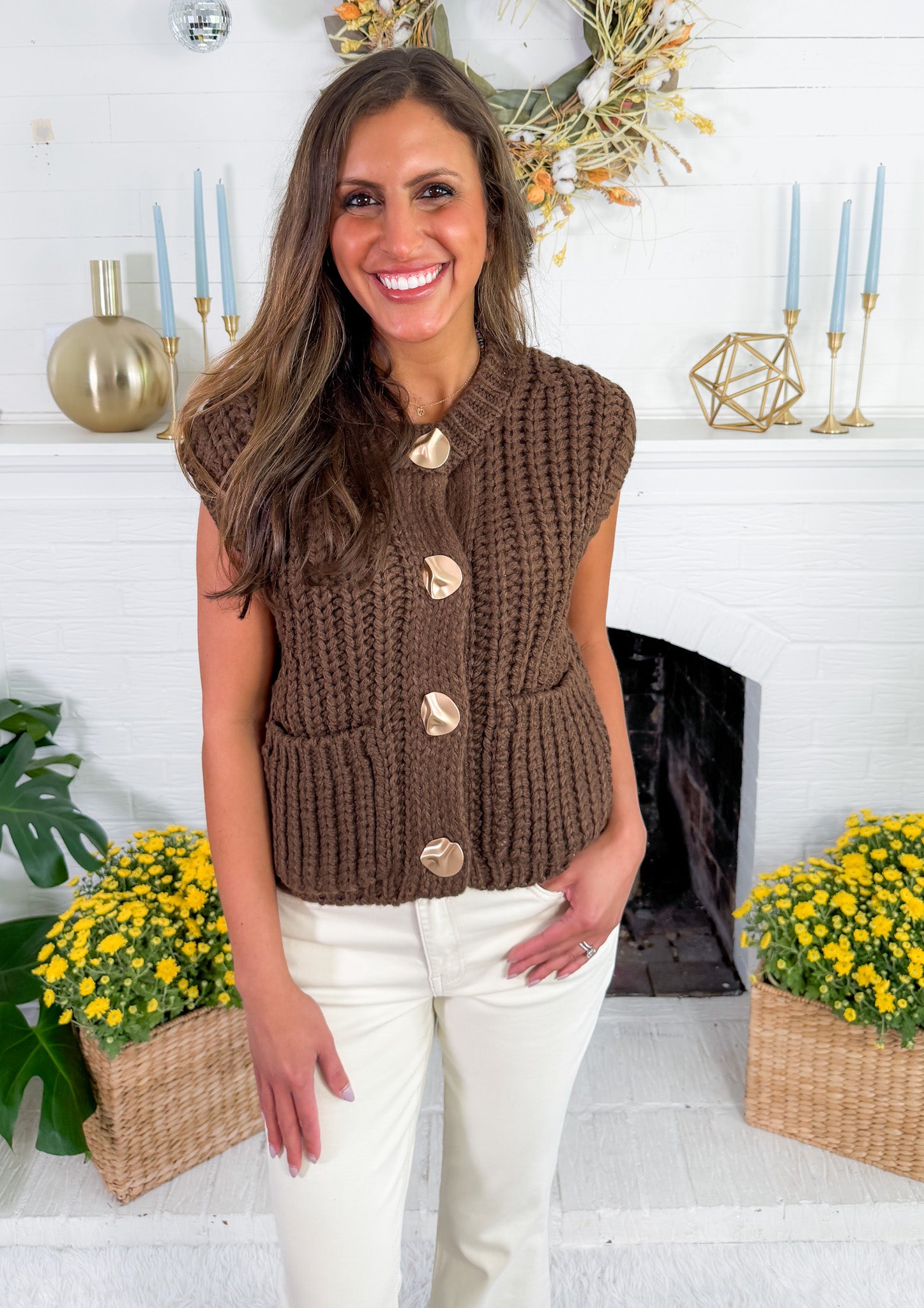 Chloe Brown Sweater + Gold Button Sweater Vest Sincerely Ours