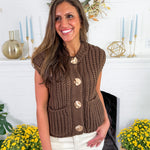 Chloe Brown Sweater + Gold Button Sweater Vest Sincerely Ours