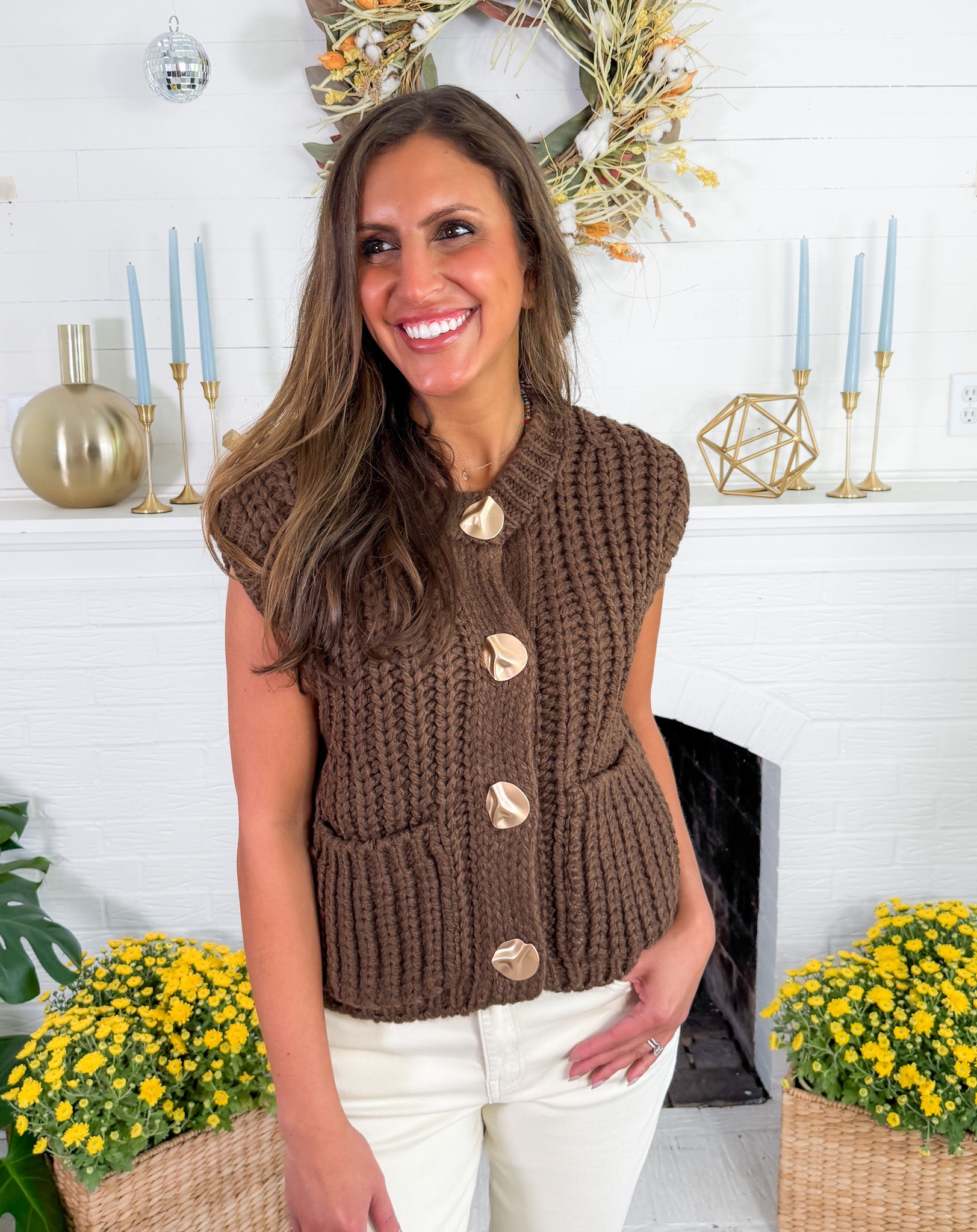Chloe Brown Sweater + Gold Button Sweater Vest Sincerely Ours