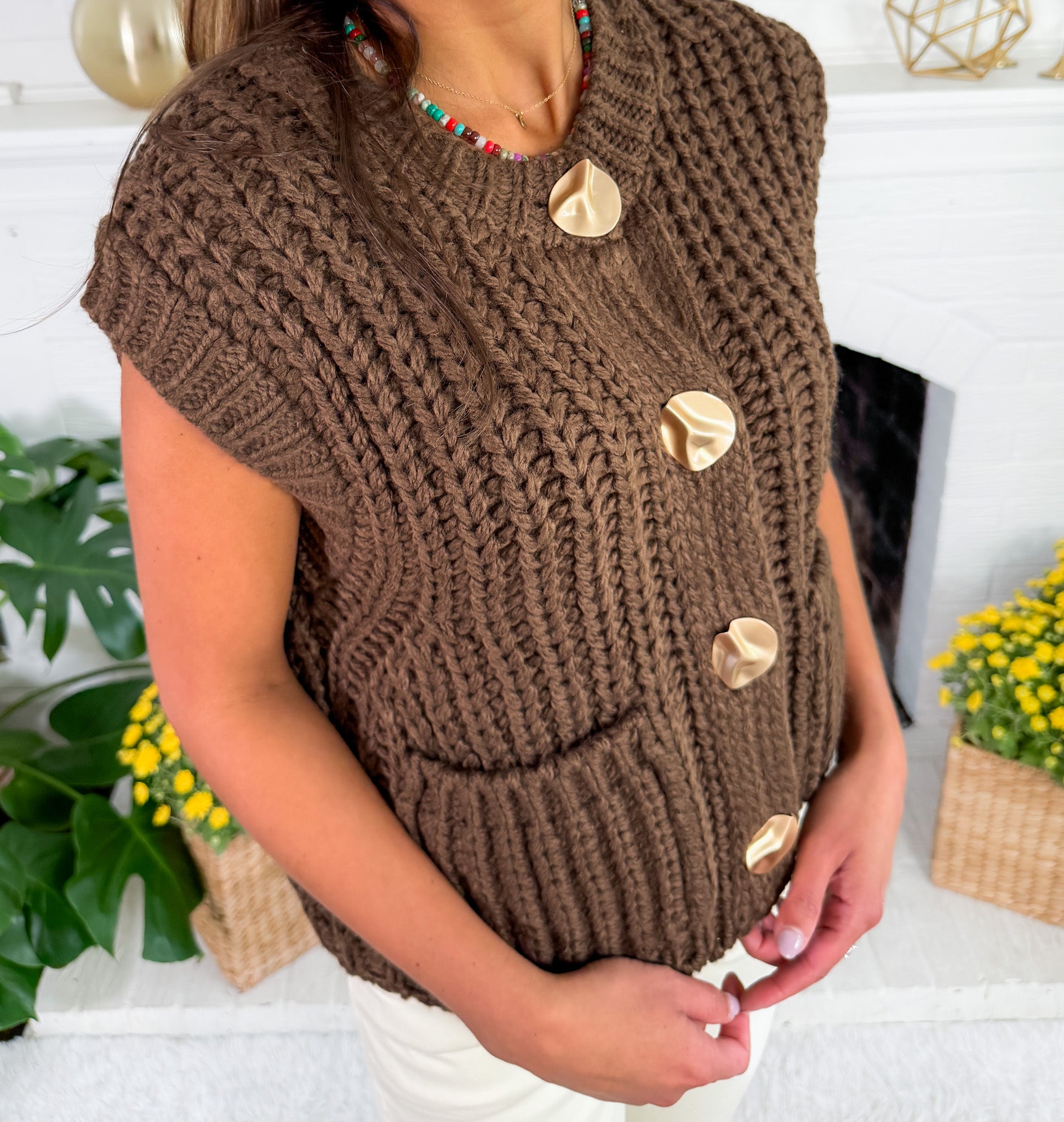 Chloe Brown Sweater + Gold Button Sweater Vest Sincerely Ours