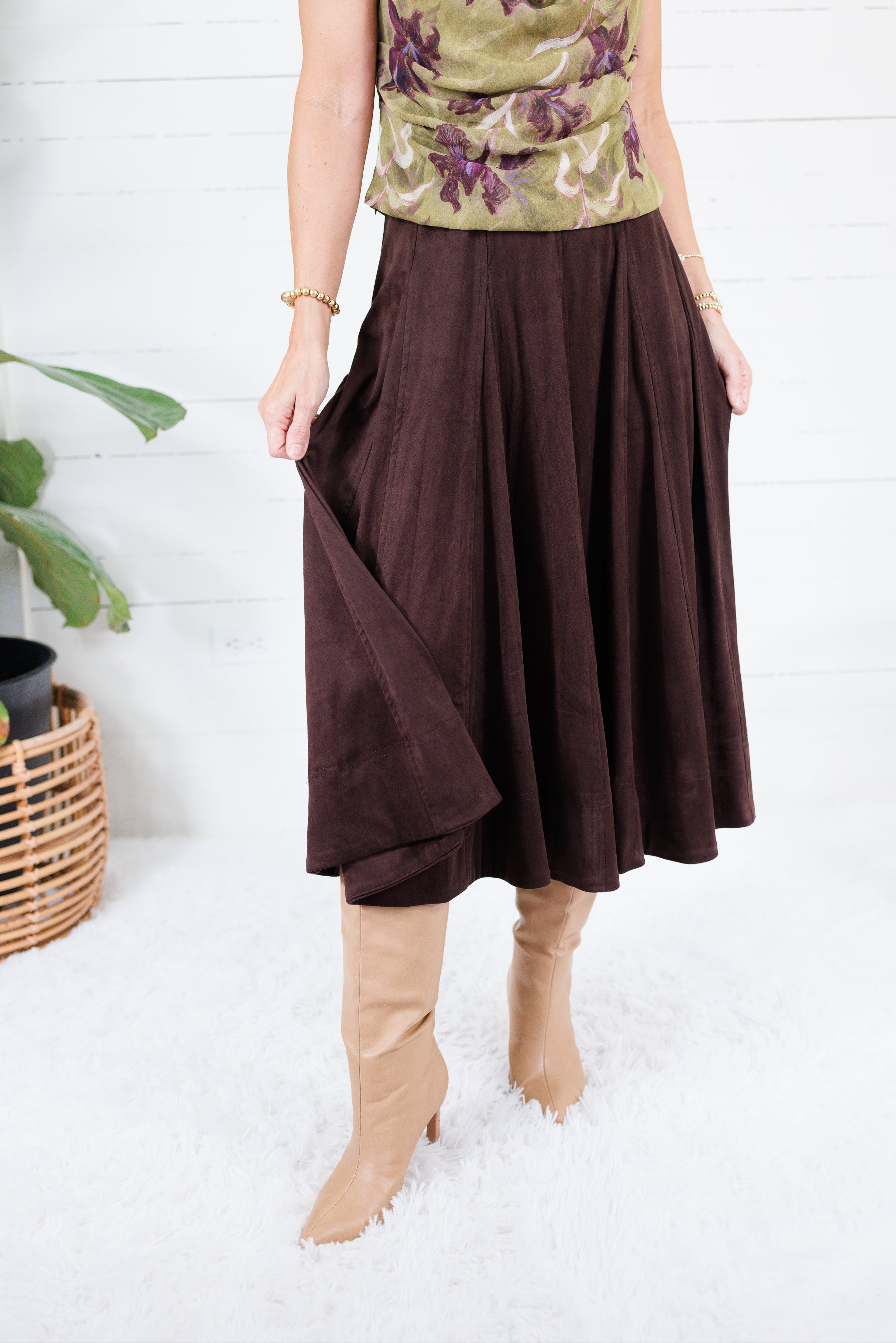 Choco Fondant A-Line Gored Midi Skirt Mustard Seed