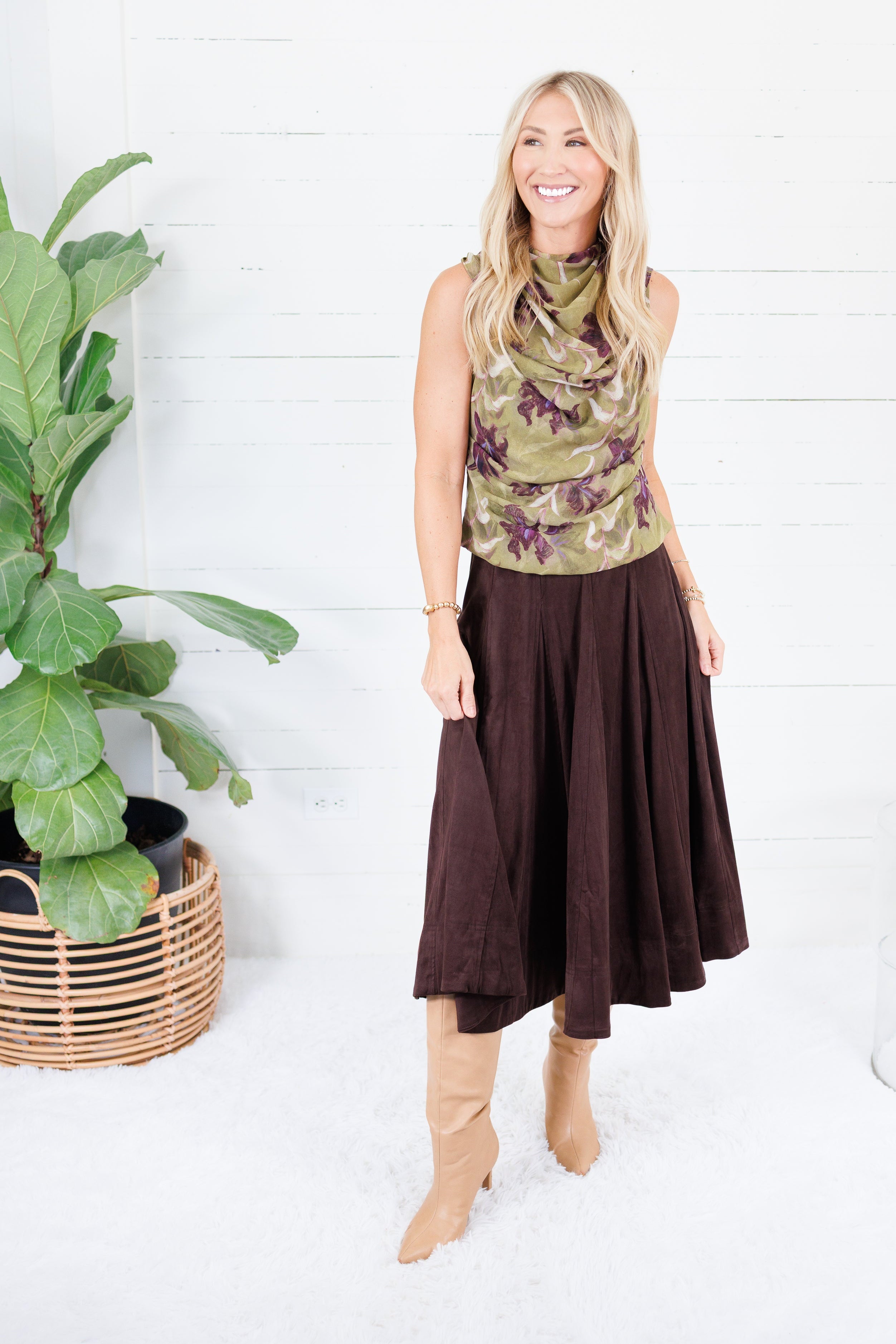 Choco Fondant A-Line Gored Midi Skirt Mustard Seed