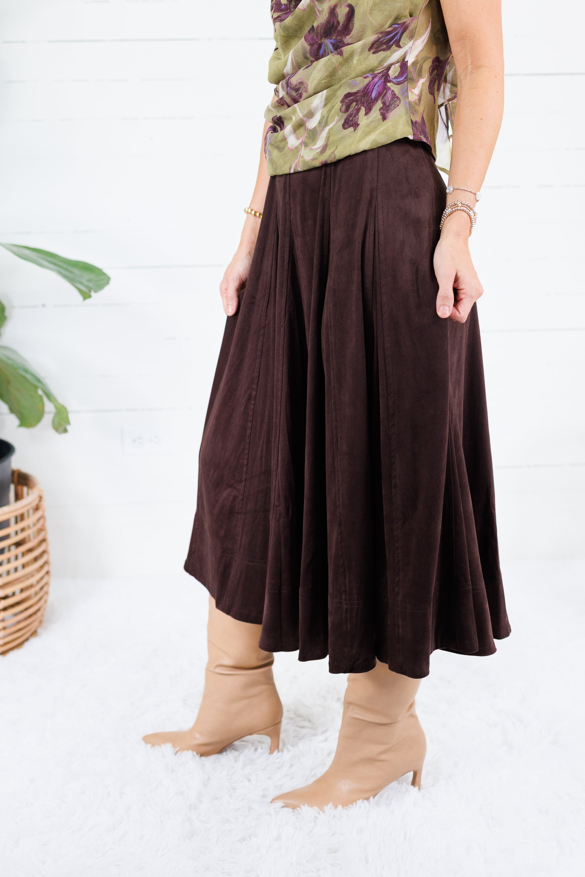 Choco Fondant A-Line Gored Midi Skirt Mustard Seed