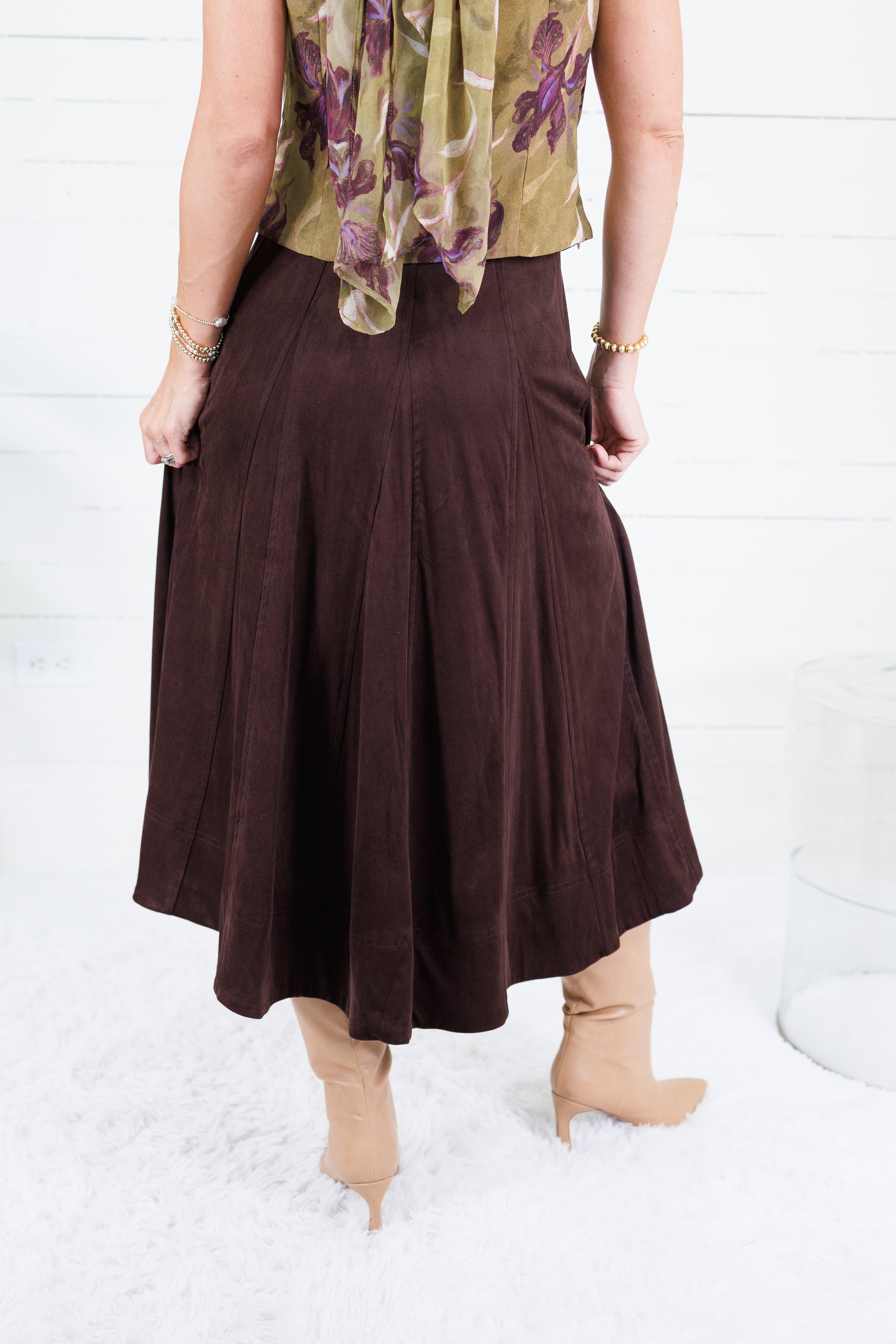 Choco Fondant A-Line Gored Midi Skirt Mustard Seed