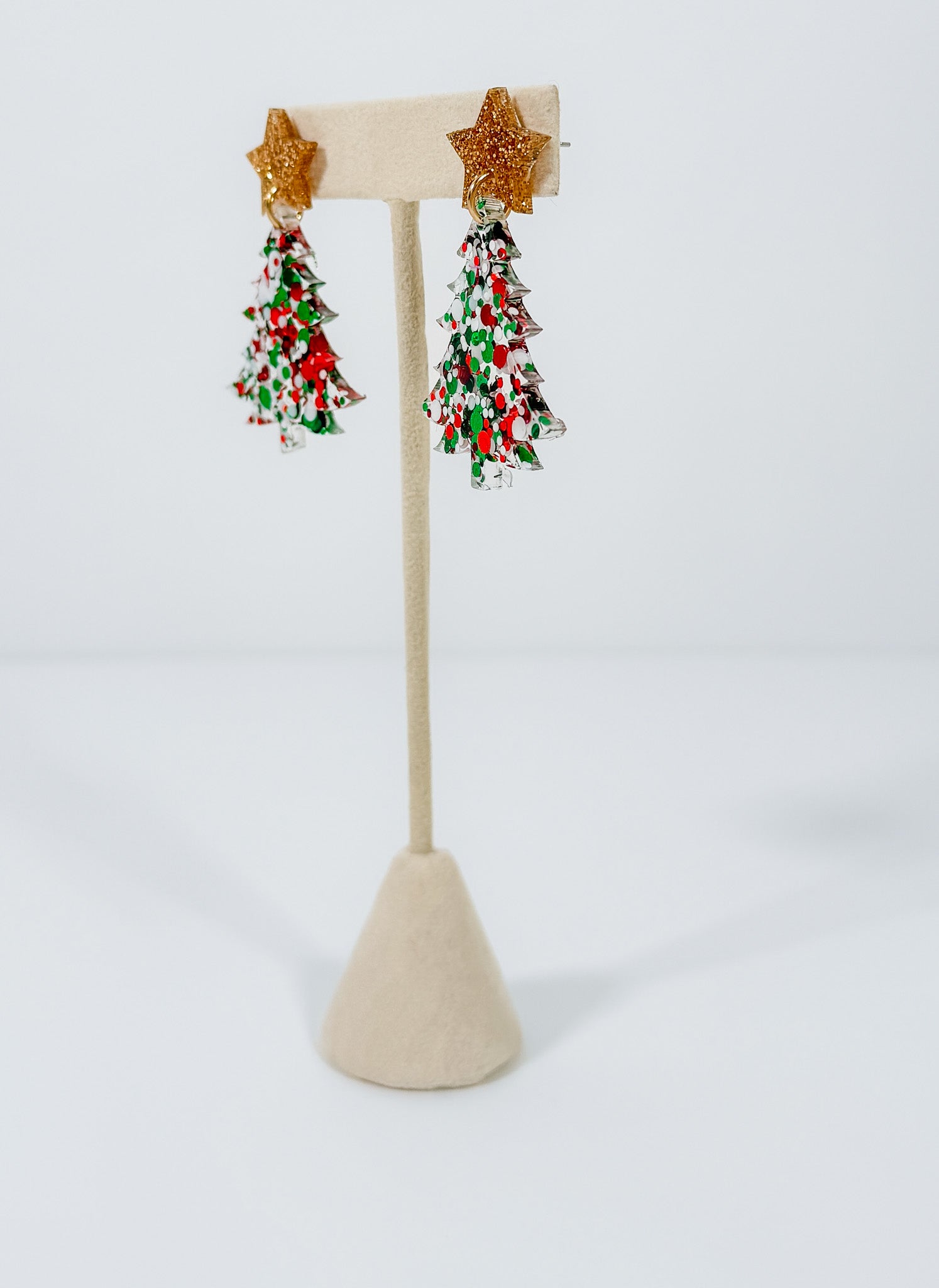 Christmas Tree Red +Green + White Resin Earrings