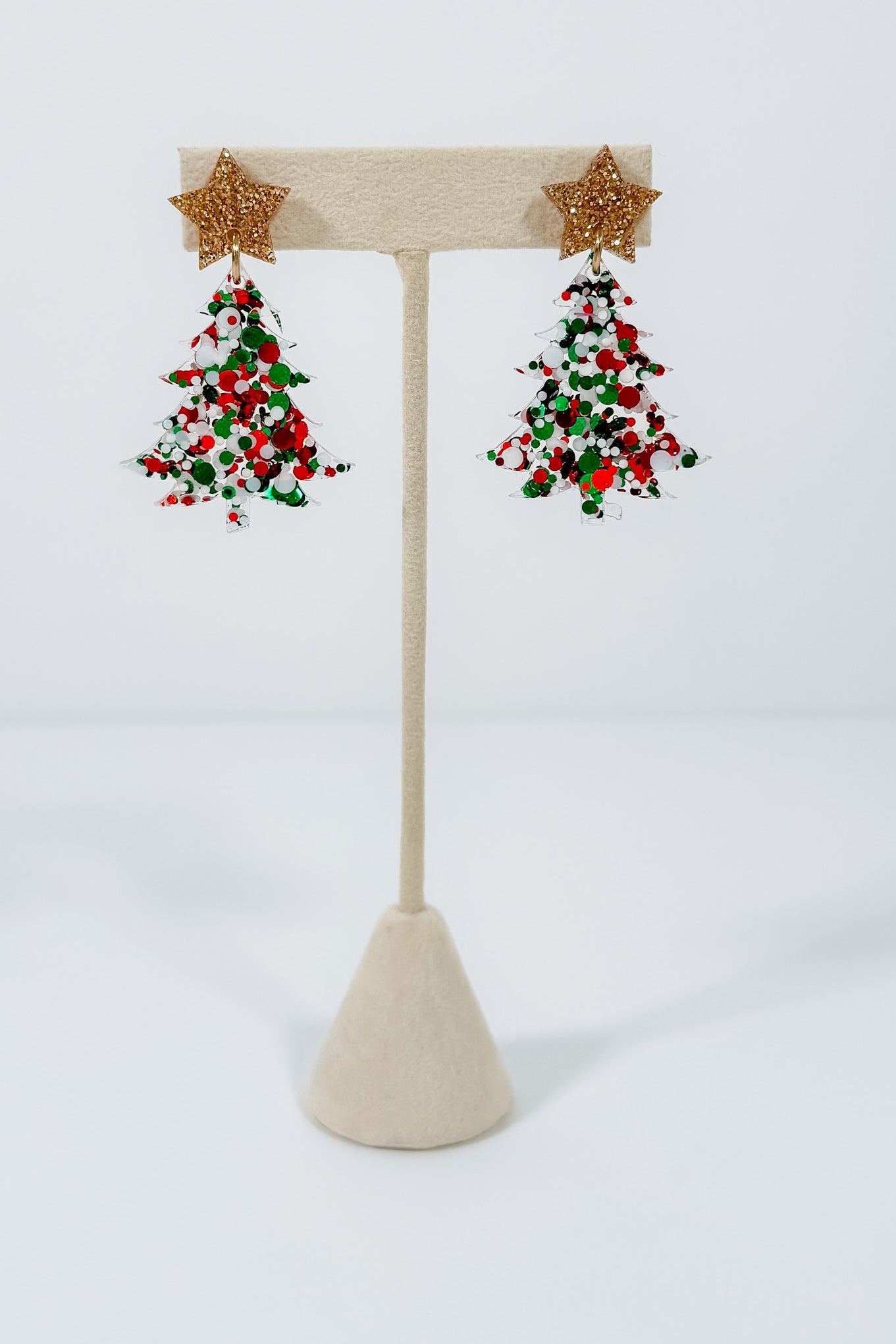 Christmas Tree Red +Green + White Resin Earrings