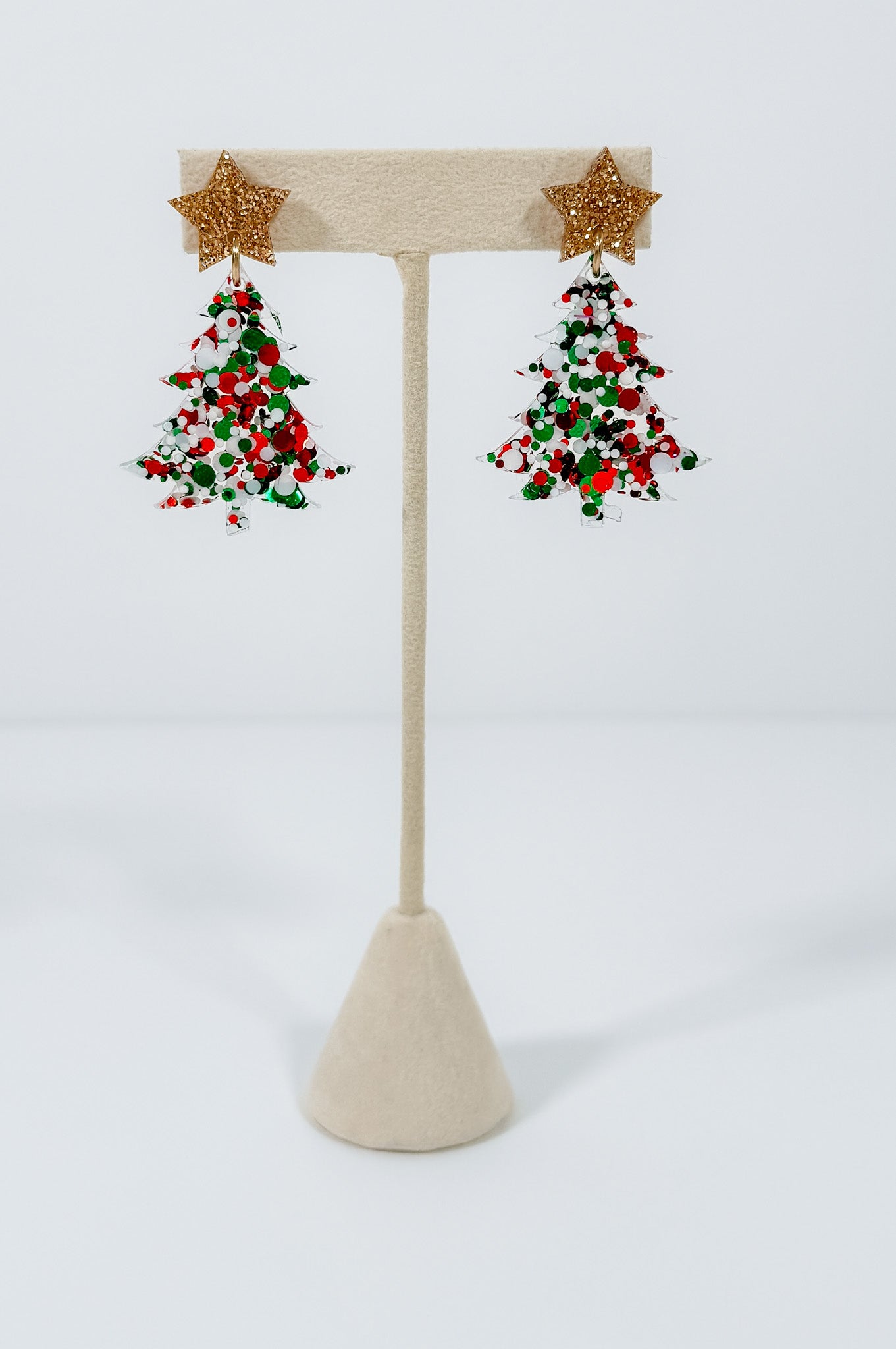 Christmas Tree Red +Green + White Resin Earrings