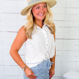 Claudia White Eyelet Button Top