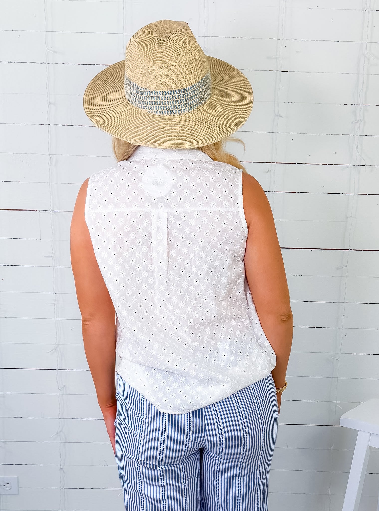 Claudia White Eyelet Button Top