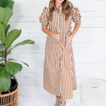 Claudia Brown Stripe Ruffle Neck Maxi Dress Karlie