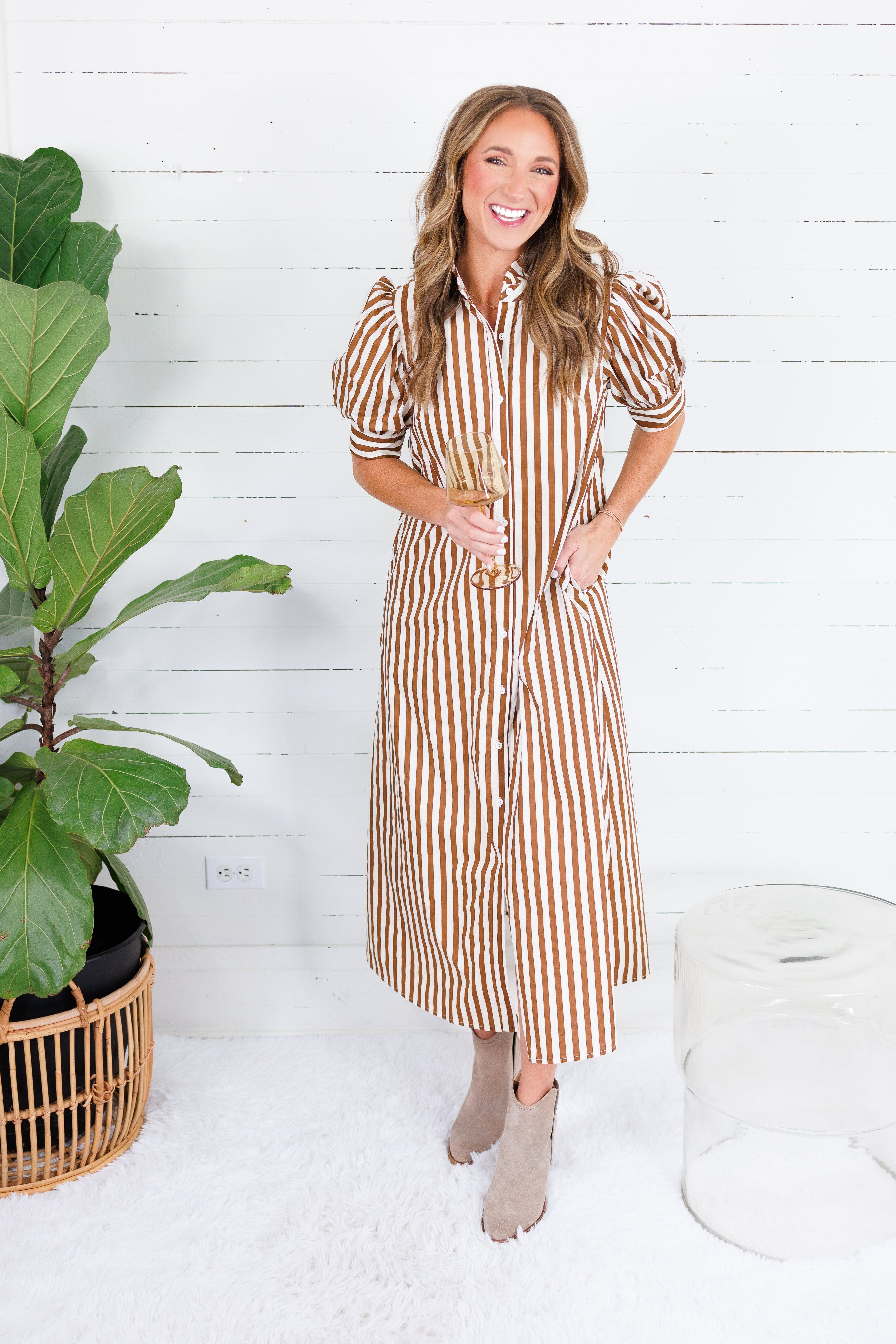 Claudia Brown Stripe Ruffle Neck Maxi Dress Karlie