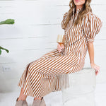 Claudia Brown Stripe Ruffle Neck Maxi Dress Karlie