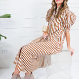 Claudia Brown Stripe Ruffle Neck Maxi Dress Karlie