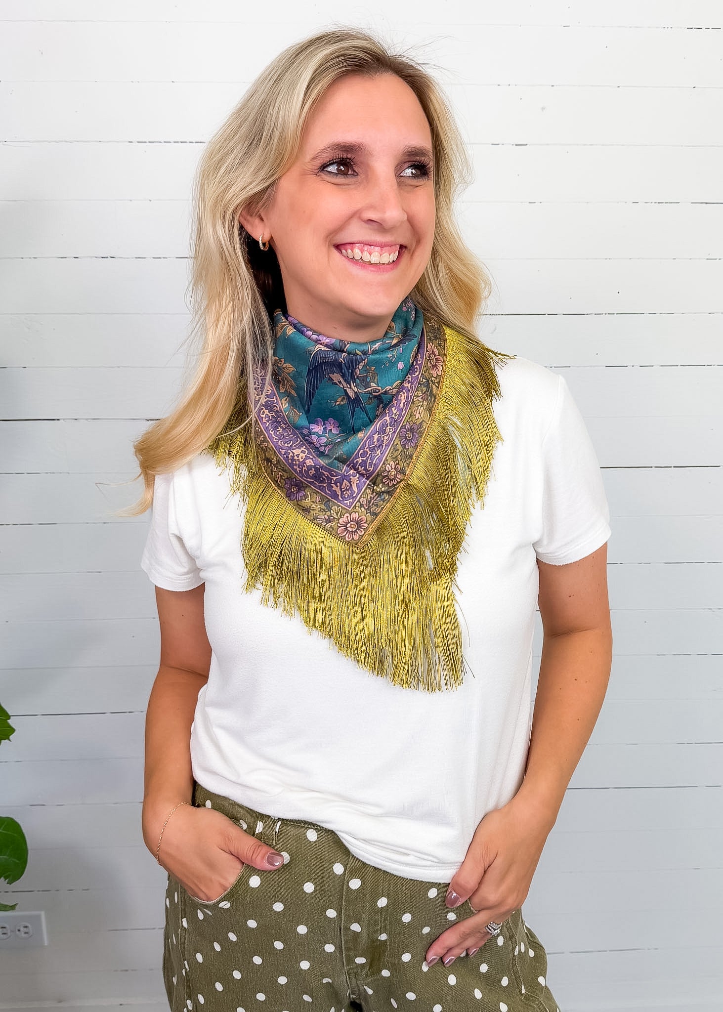 Colorful Bird + Violet Floral Fringe Scarf 