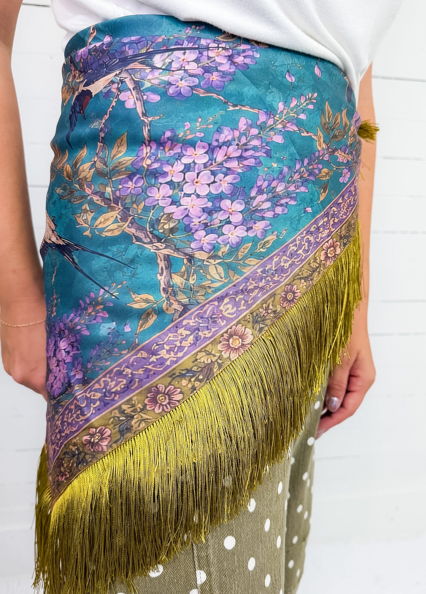 Colorful Bird + Violet Floral Fringe Scarf 