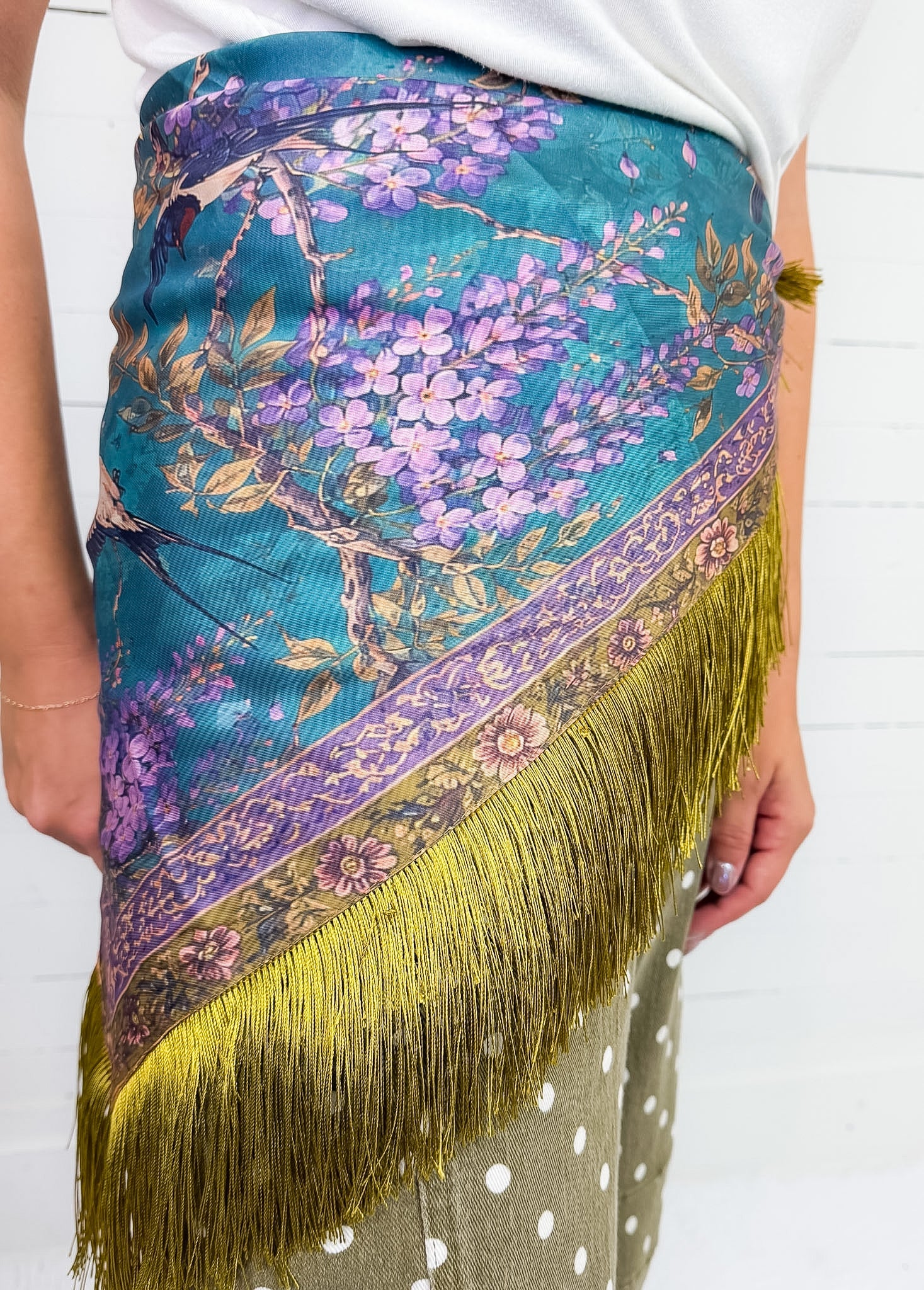 Colorful Bird + Violet Floral Fringe Scarf 