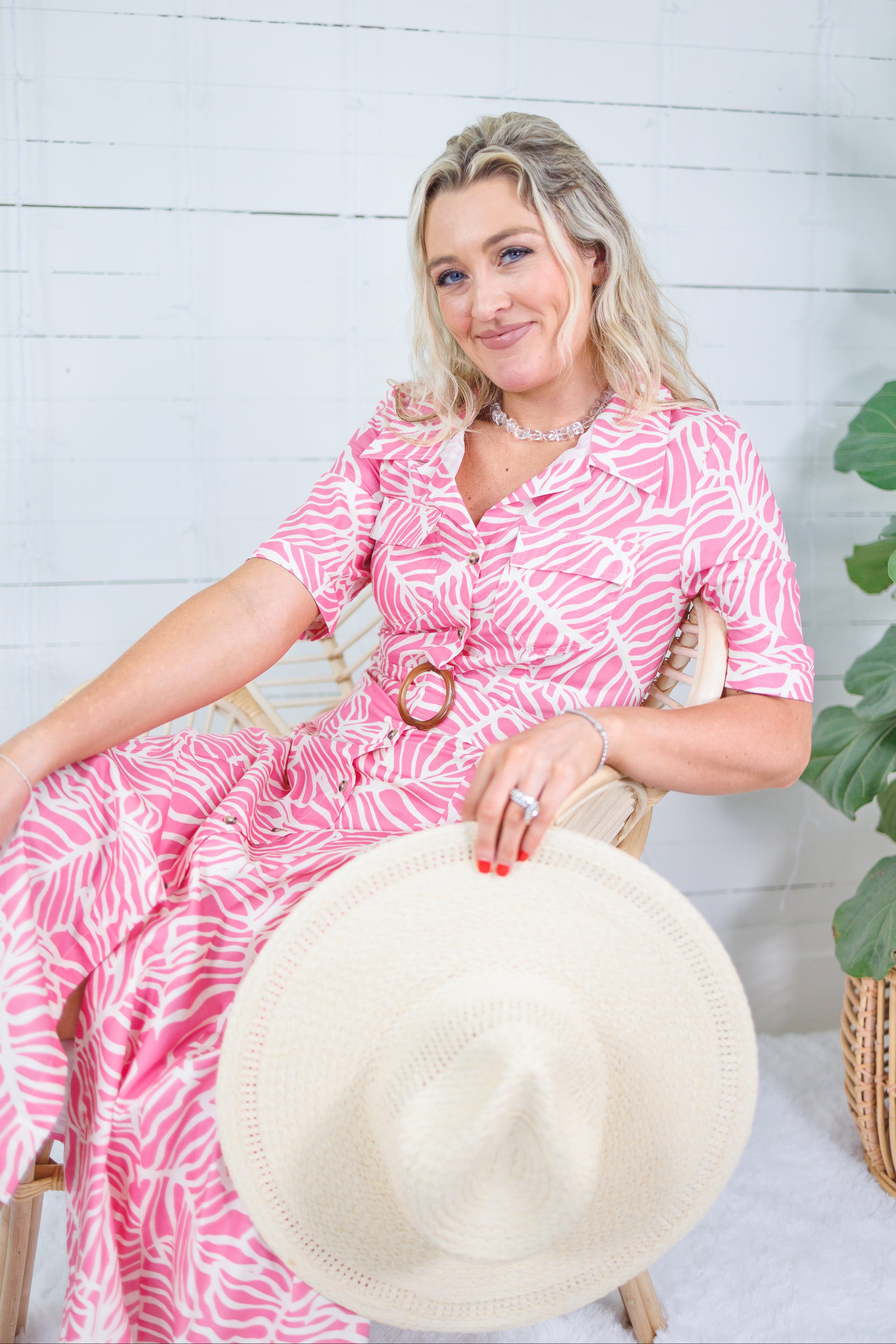 Columbia Pink Hibiscus Palms Shirt Dress Meet Me in Santorini 