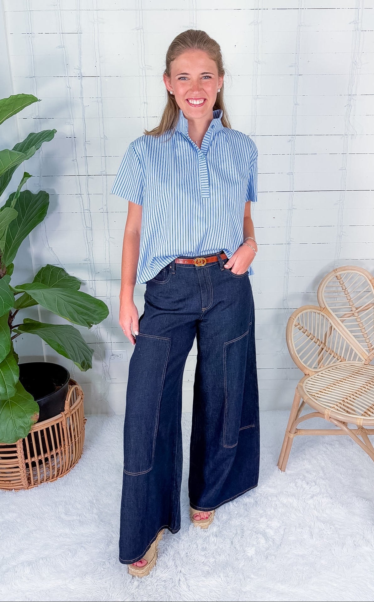 Cooper Blue Stripe Stand Collar Top