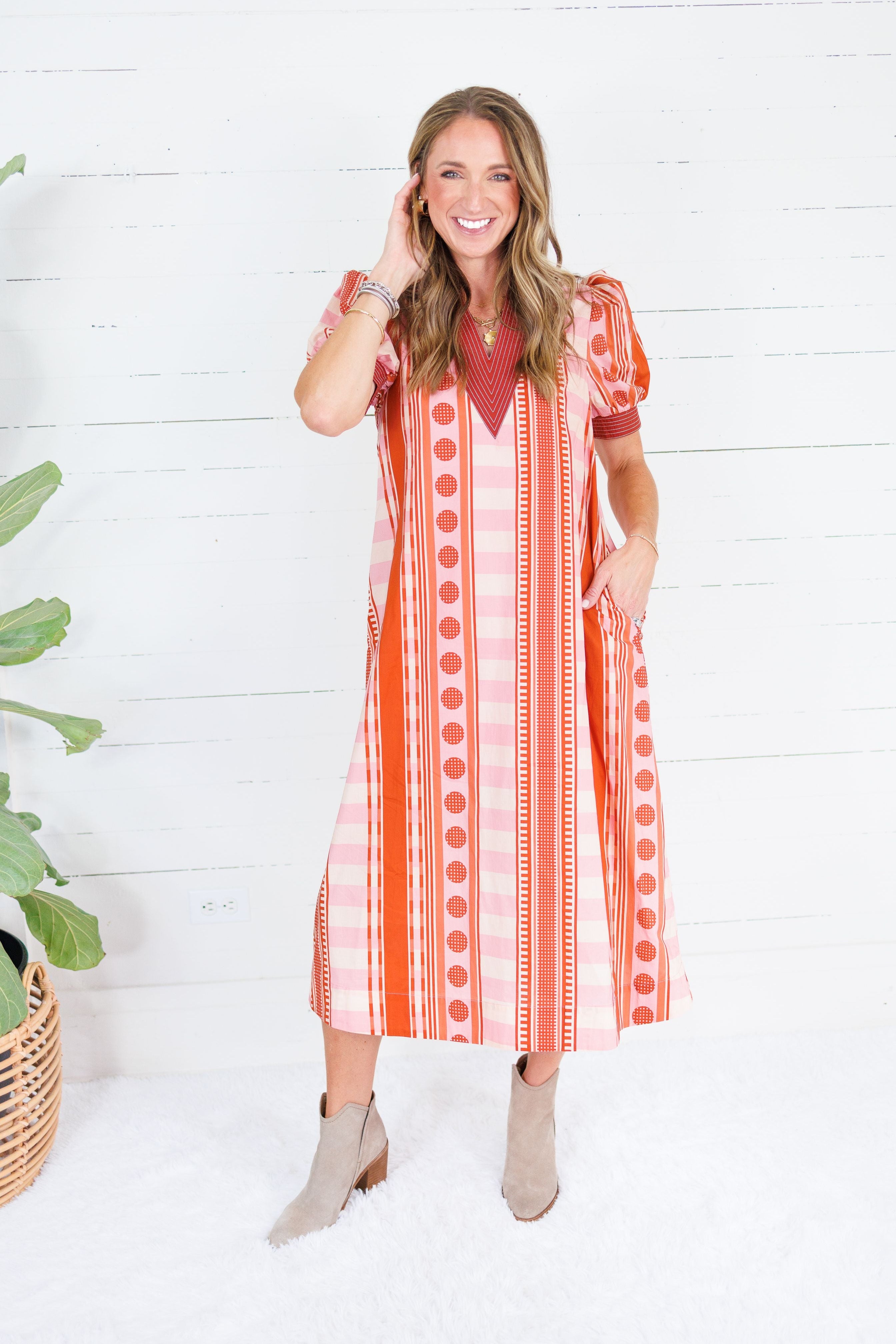 Cora Pink + Rust Metro Stripe Dress Entro