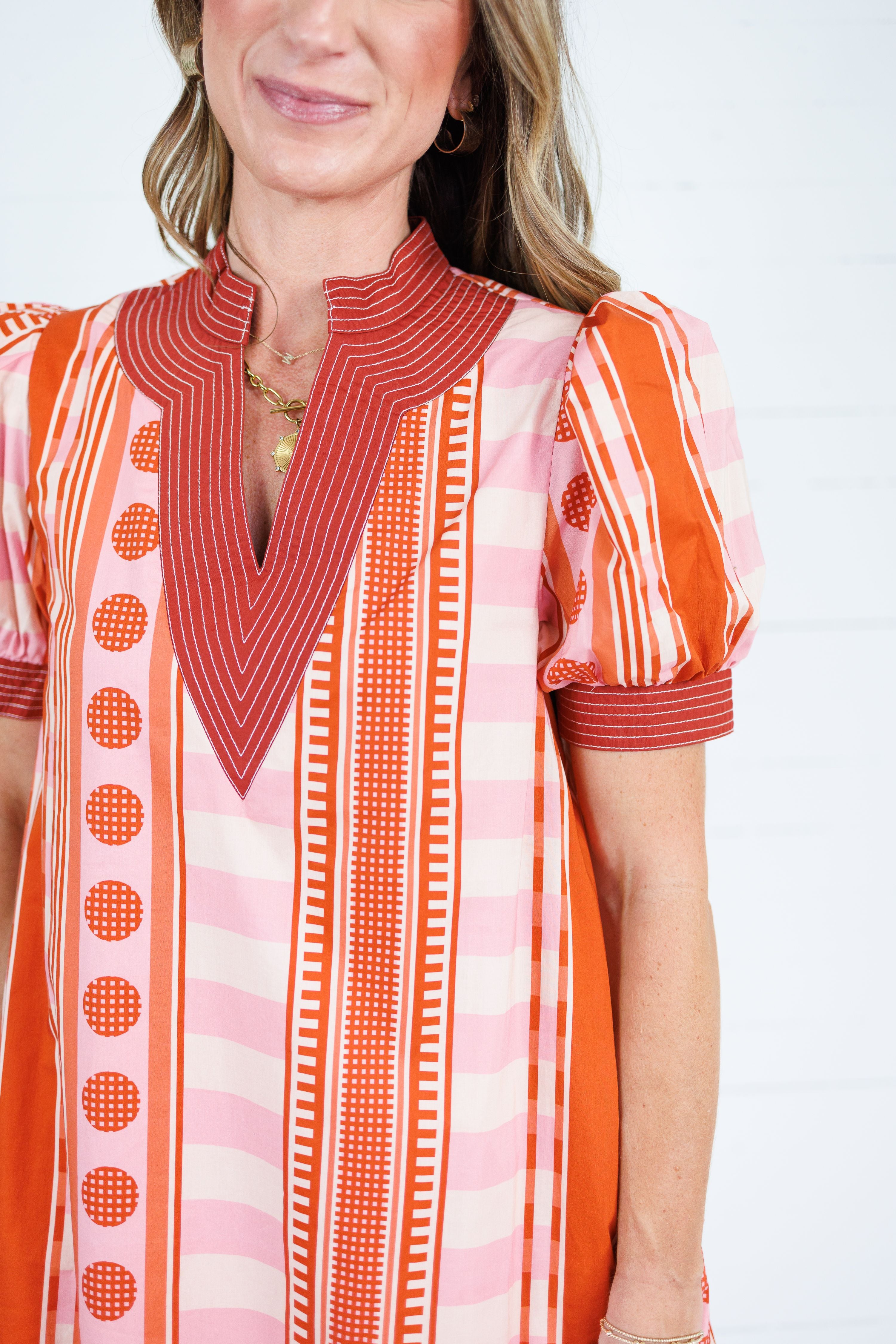 Cora Pink + Rust Metro Stripe Dress Entro