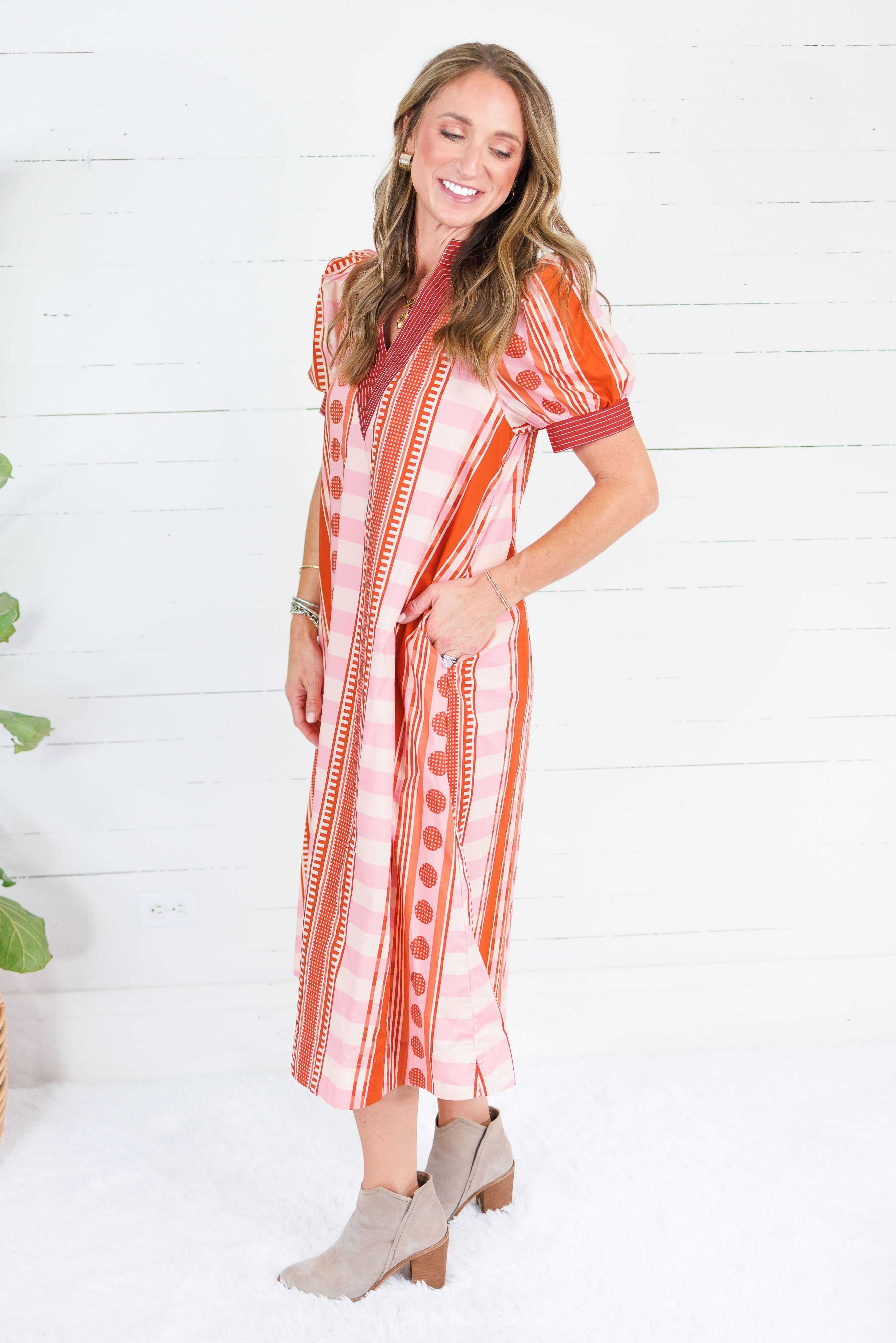 Cora Pink + Rust Metro Stripe Dress Entro
