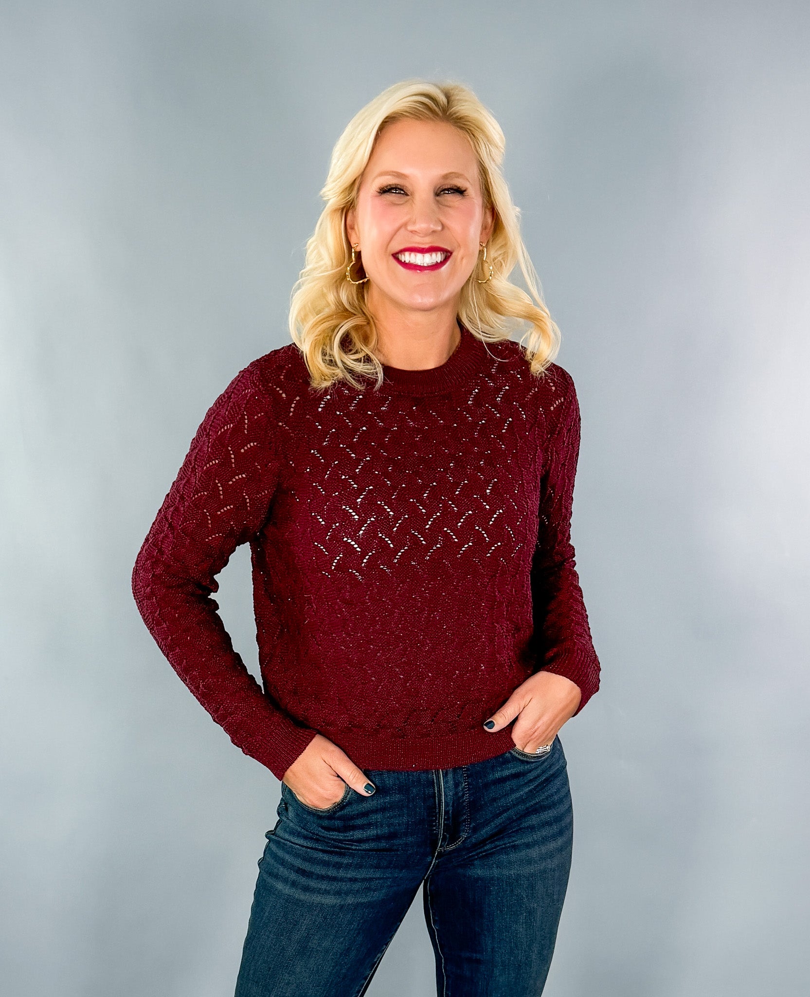 Cosmo Bordeaux Crochet Sweater KUT