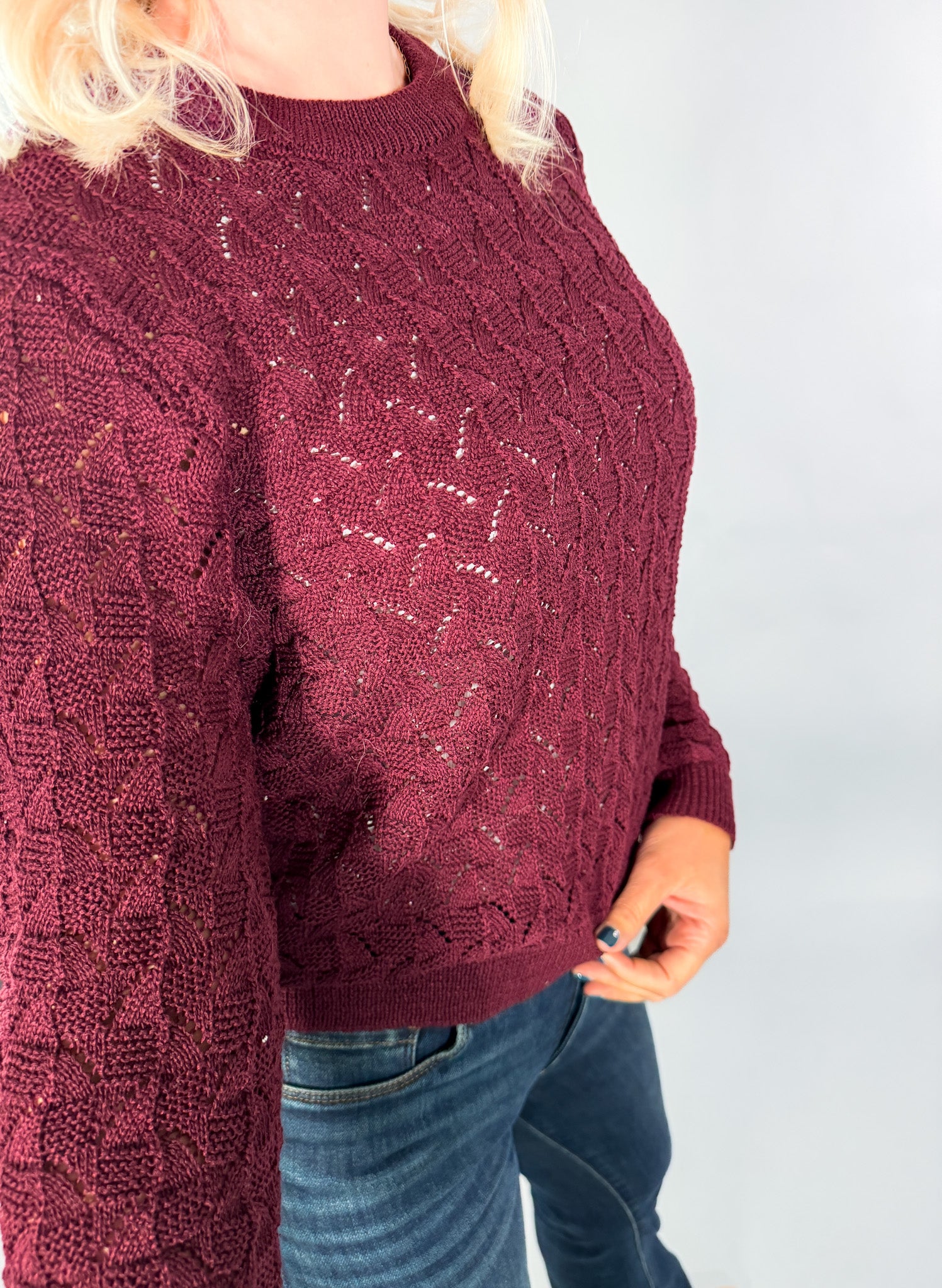 Cosmo Bordeaux Crochet Sweater KUT