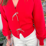 Cosmos Red + Crystal Bow Cardigan
