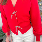 Cosmos Red + Crystal Bow Cardigan