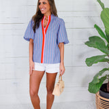 Crescent Blue Striped Bubble Sleeve Top THML