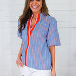 Crescent Blue Striped Bubble Sleeve Top THML