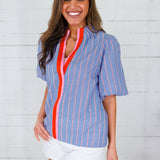 Crescent Blue Striped Bubble Sleeve Top THML