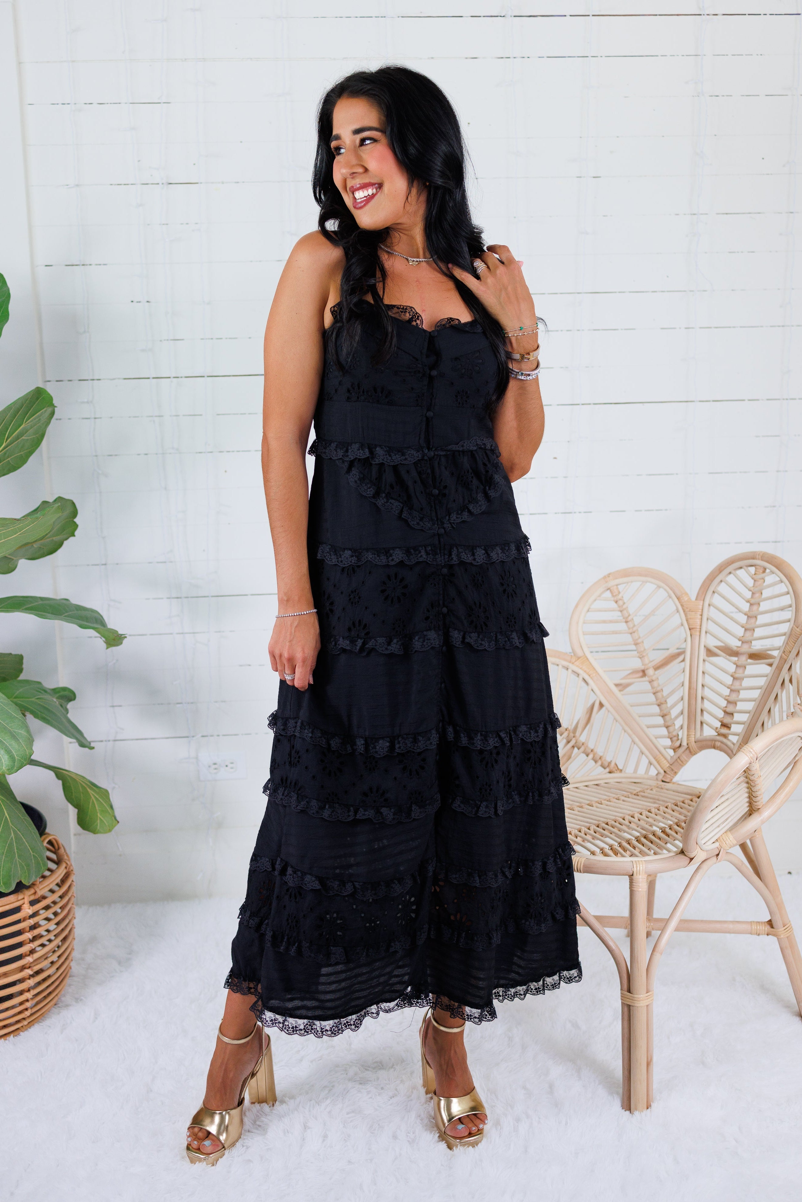Crocker Black Tiered Eyelet + Lace Trim Midi Dress