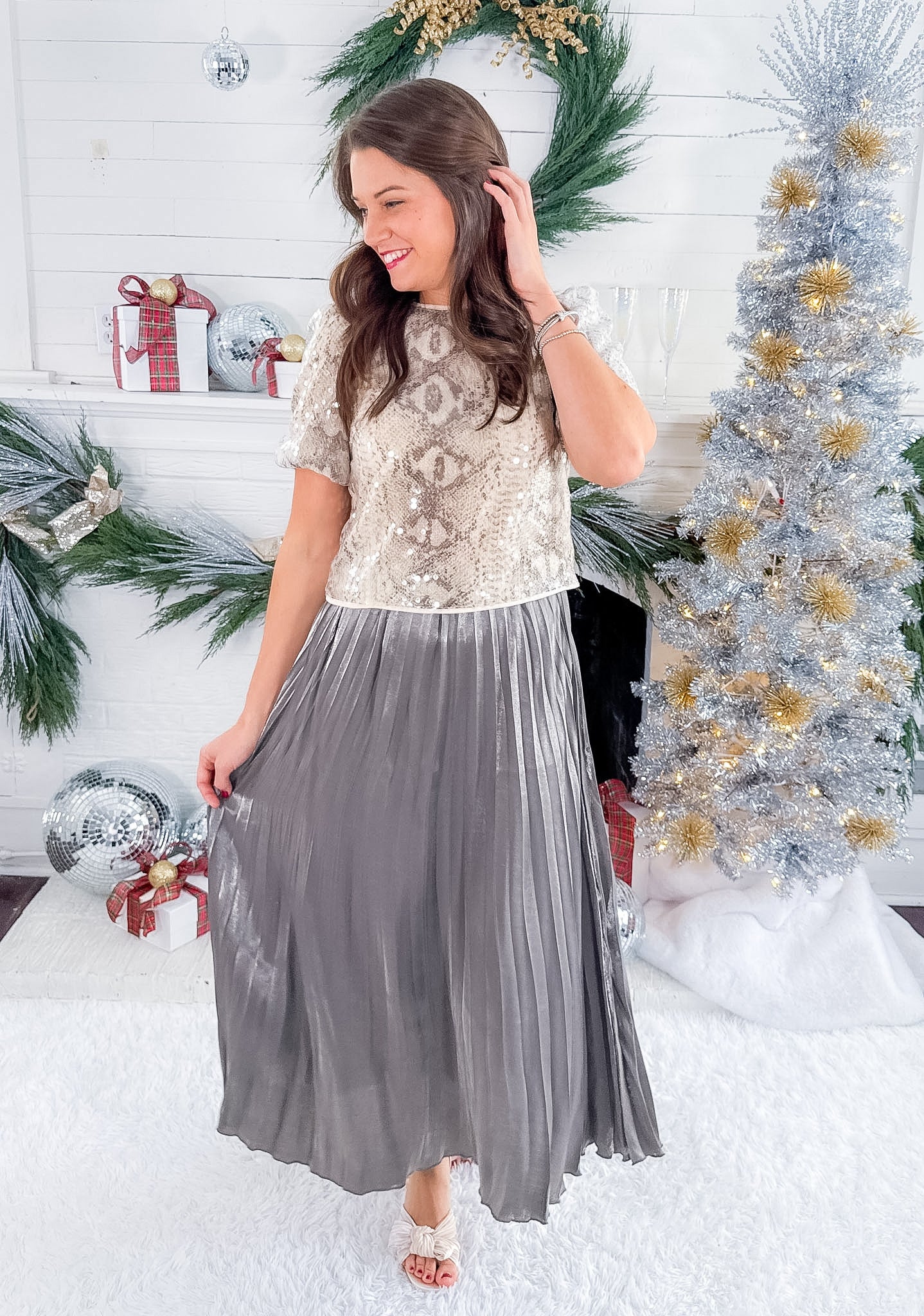 Crocker Shiny Gray Pleated Maxi Skirt