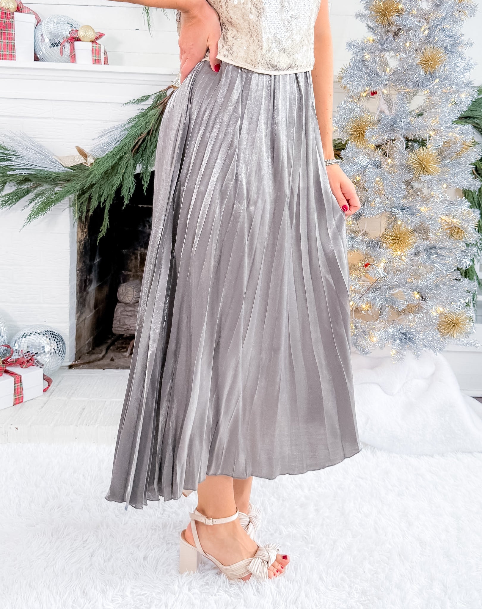 Crocker Shiny Gray Pleated Maxi Skirt