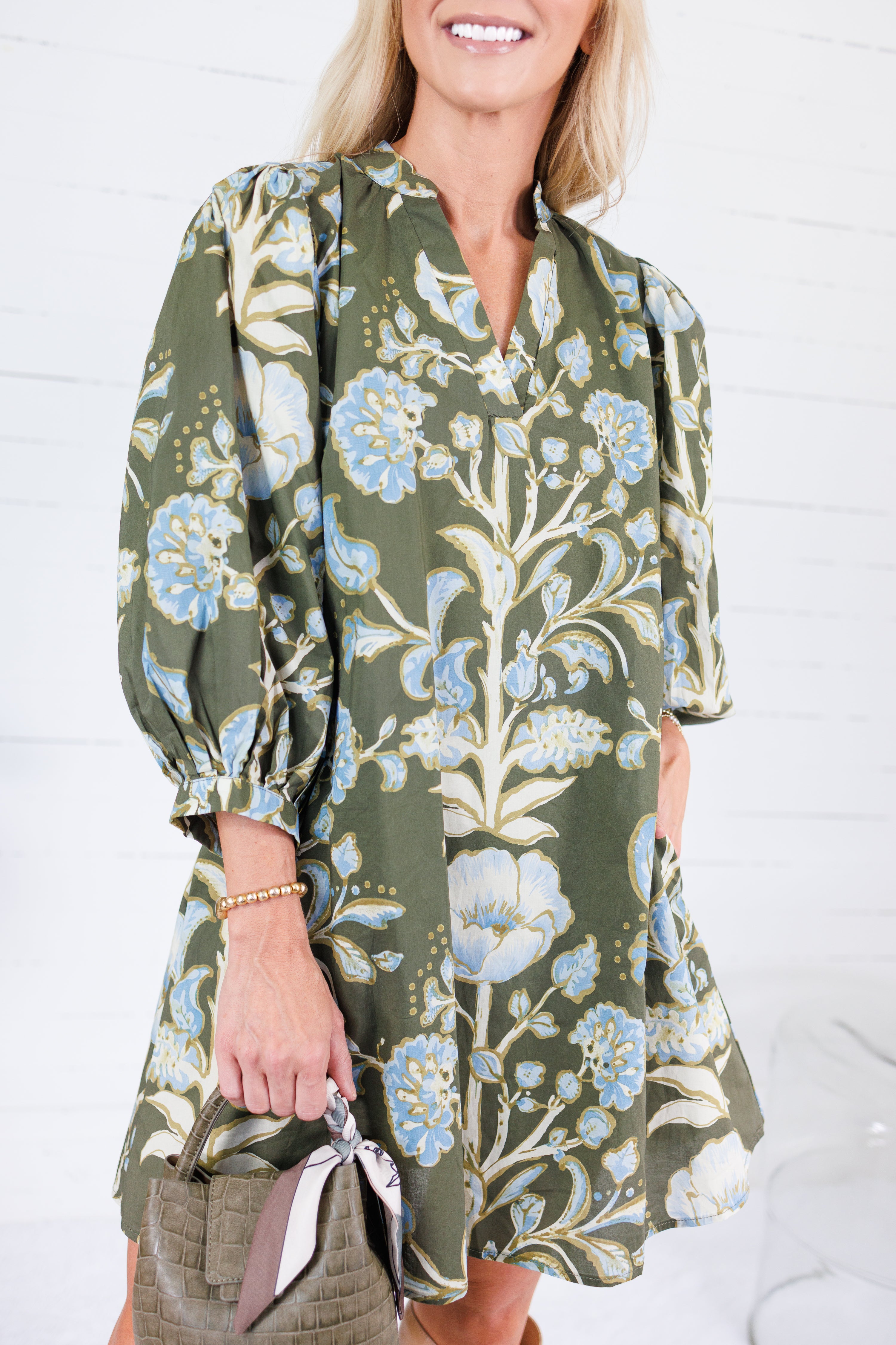Crocus Olive Stylized Floral Mini Dress Entro