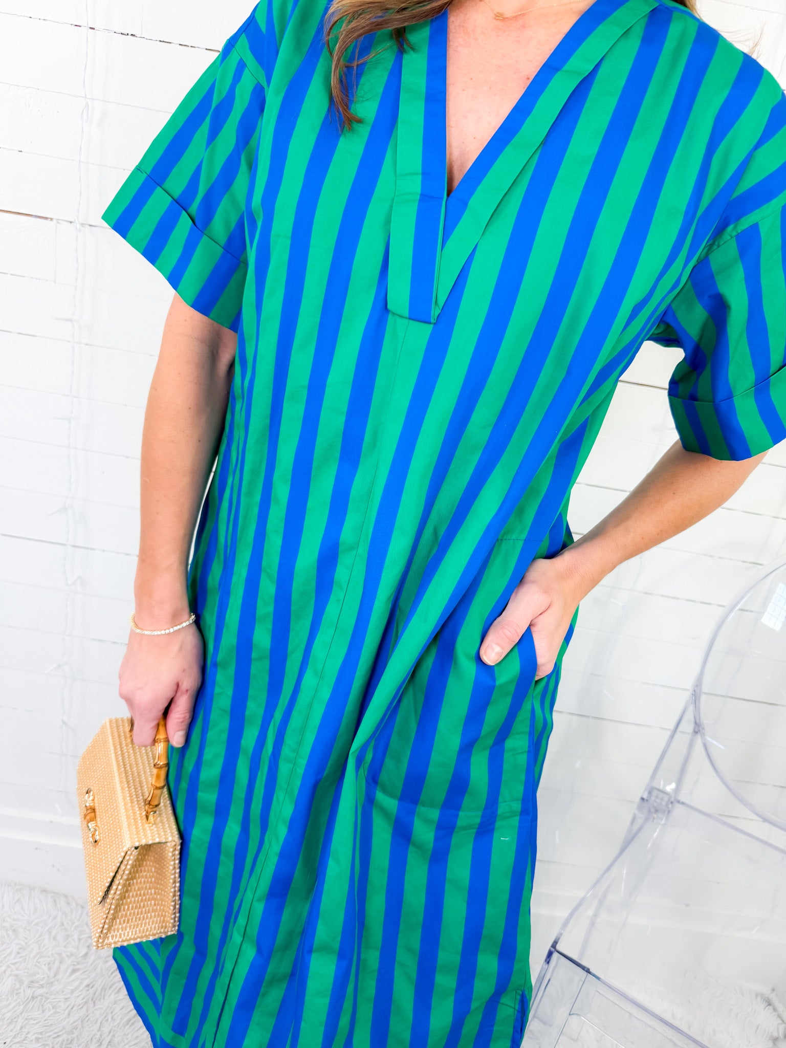 Cullen Royal + Lawn Green Striped Shift Dress Entro
