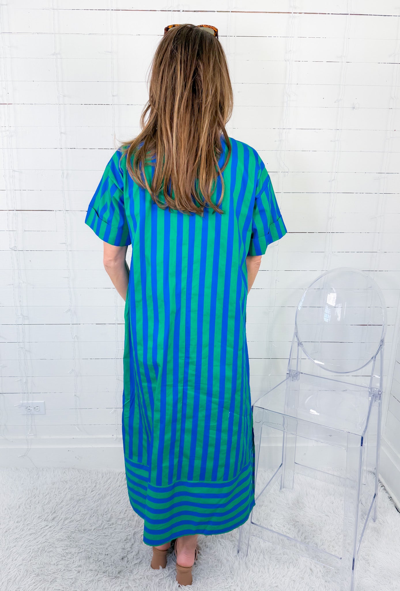 Cullen Royal + Lawn Green Striped Shift Dress Entro