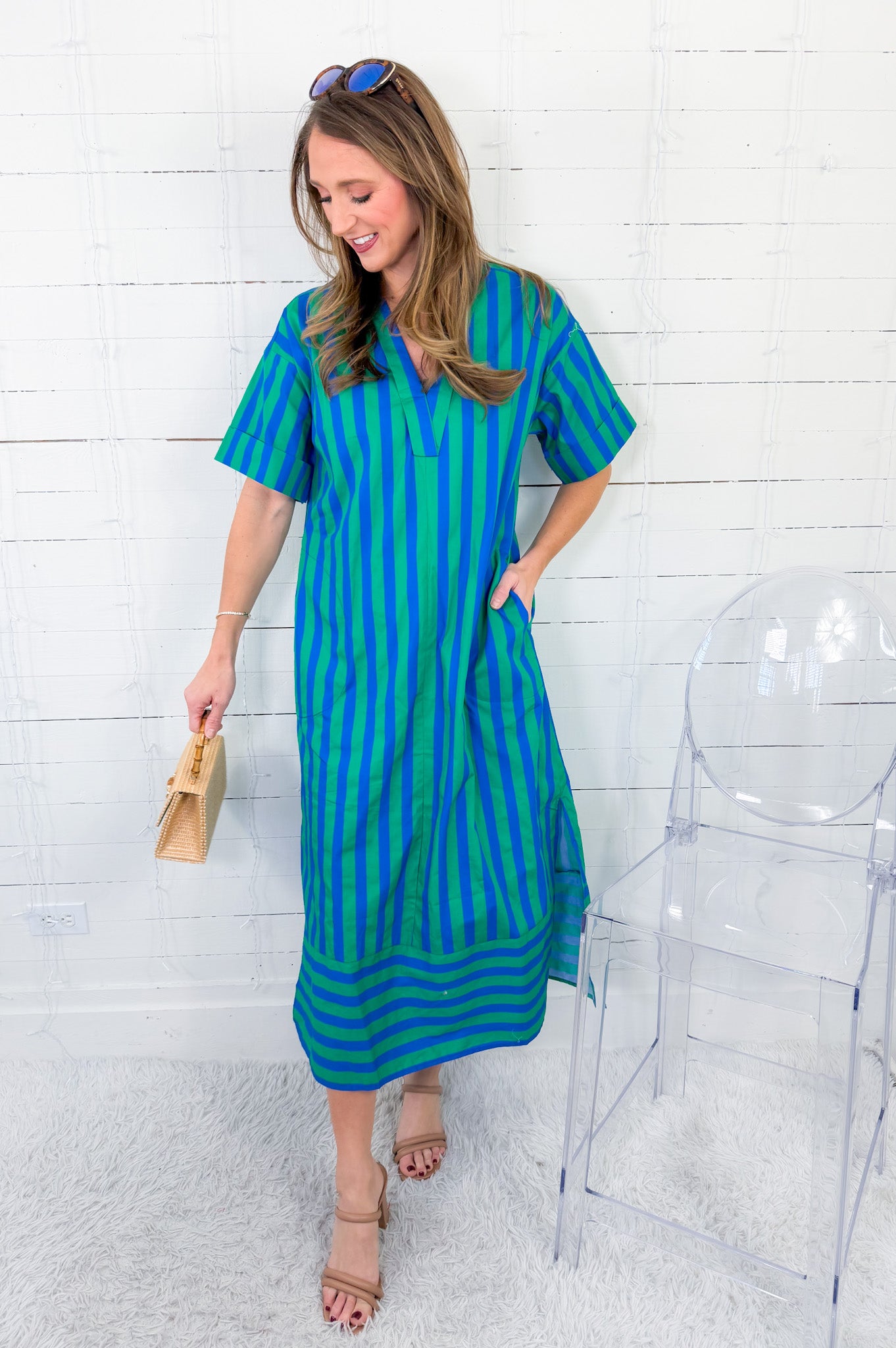Cullen Royal + Lawn Green Striped Shift Dress Entro