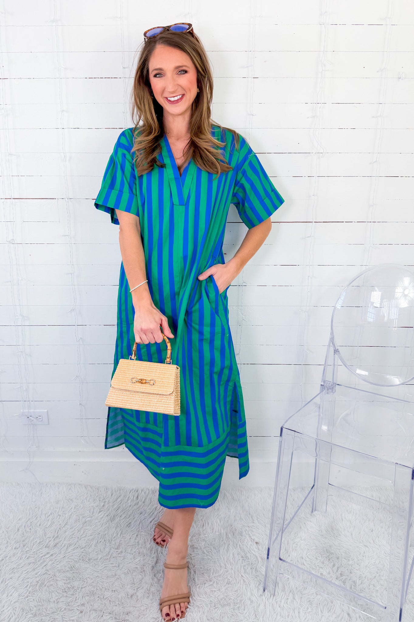 Cullen Royal + Lawn Green Striped Shift Dress Entro