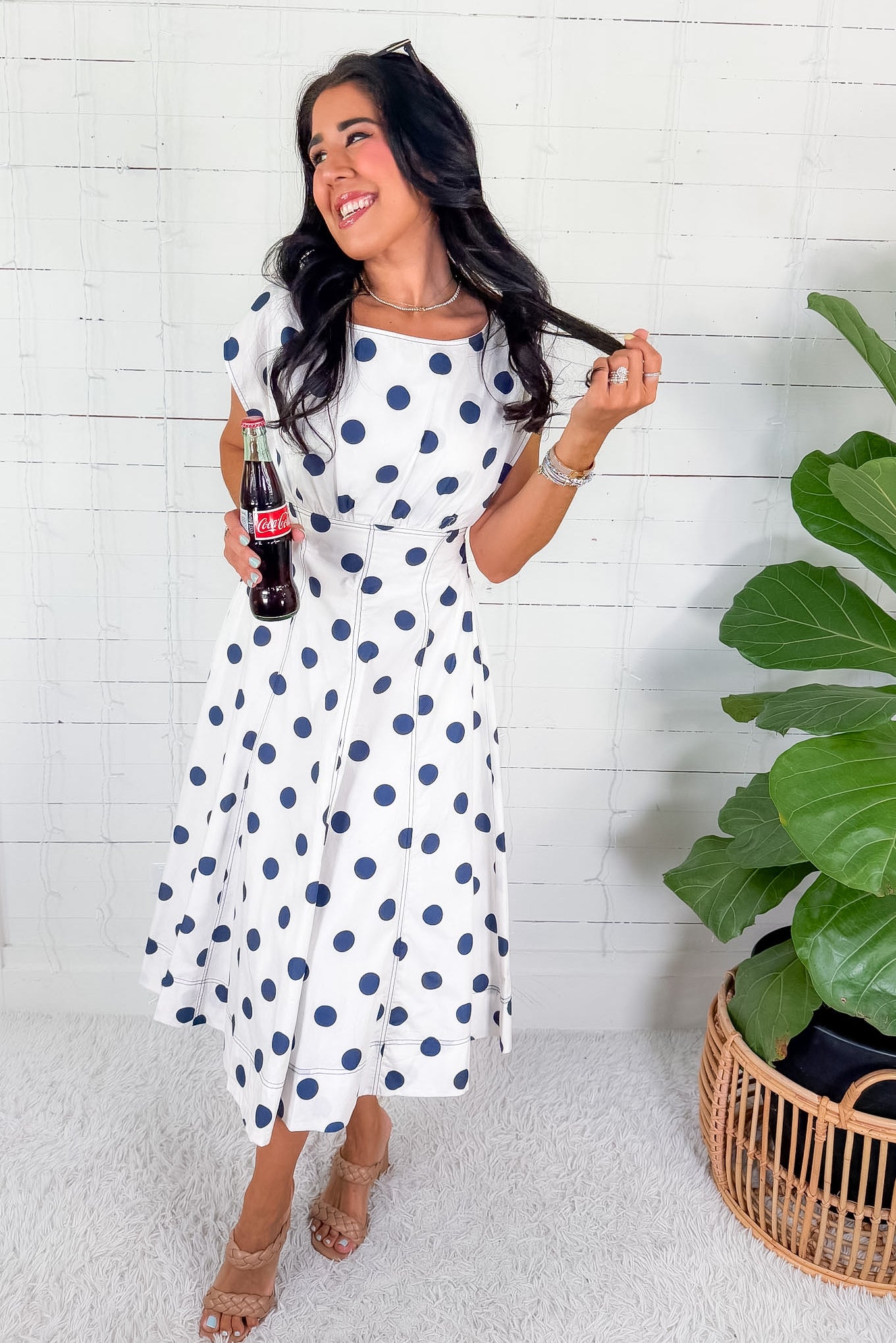Cullen White + Navy Dot Midi Dress