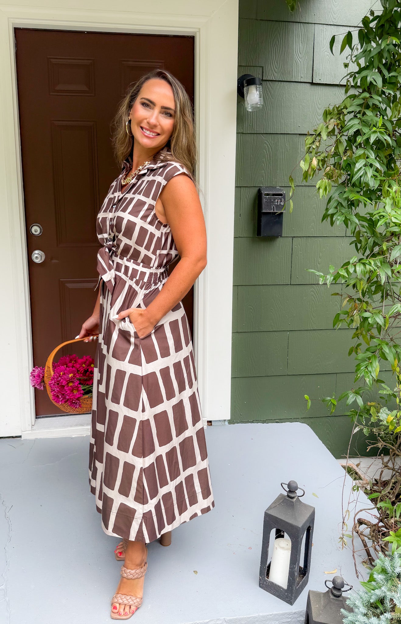 Dallas Brown Box Plaid  Maxi Dress Entro