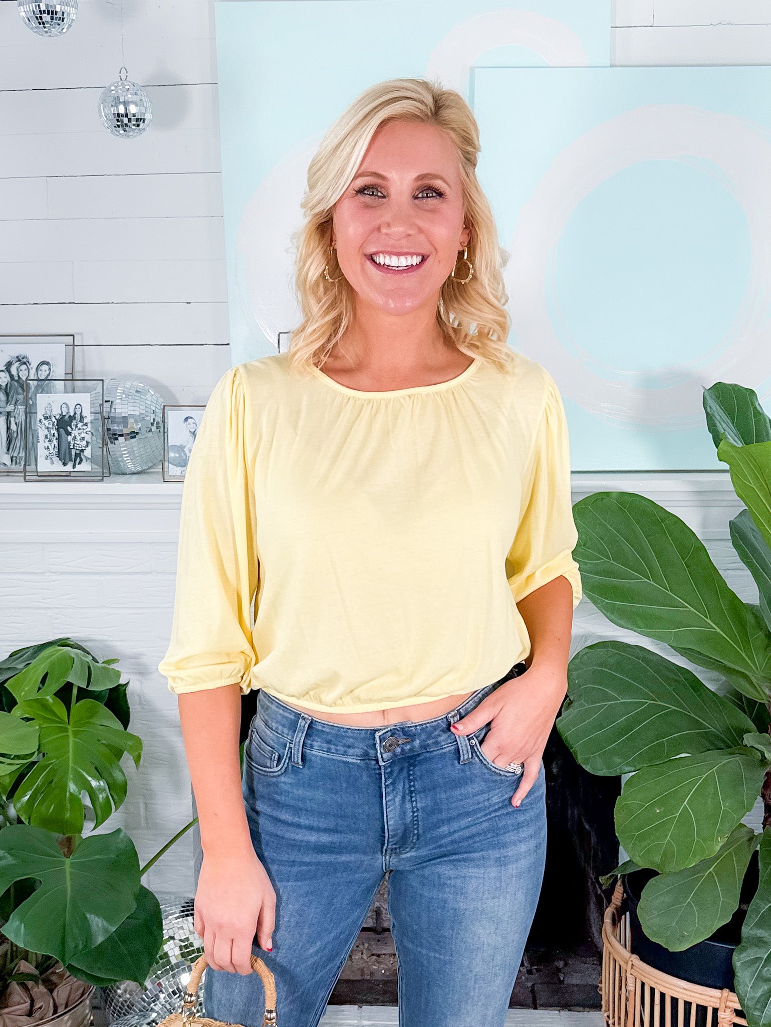 Dallas Pale Yellow 34 Sleeve Crop Top Bobi