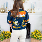 Dandy Navy Horse Detail Short Sleeve Sweater THML
