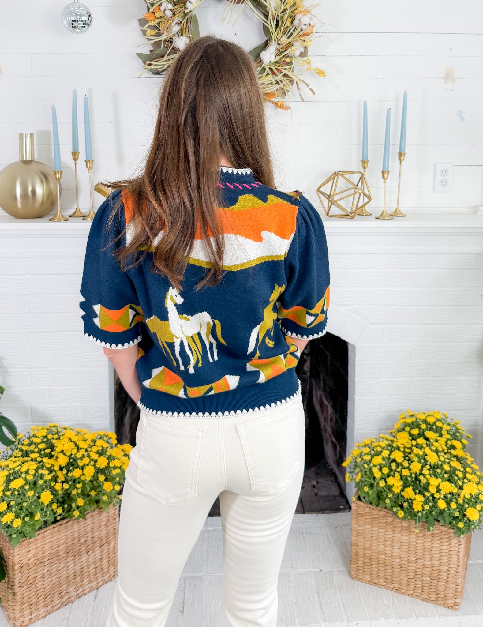 Dandy Navy Horse Detail Short Sleeve Sweater THML