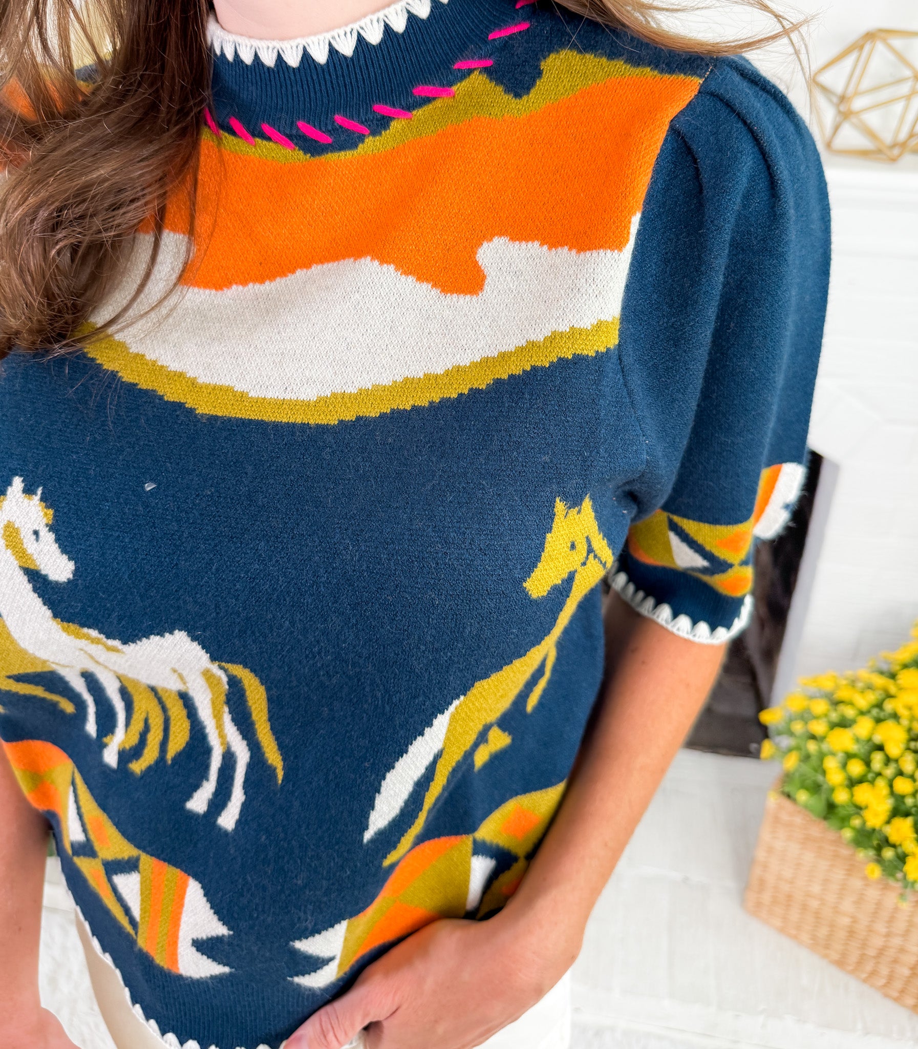 Dandy Navy Horse Detail Short Sleeve Sweater THML