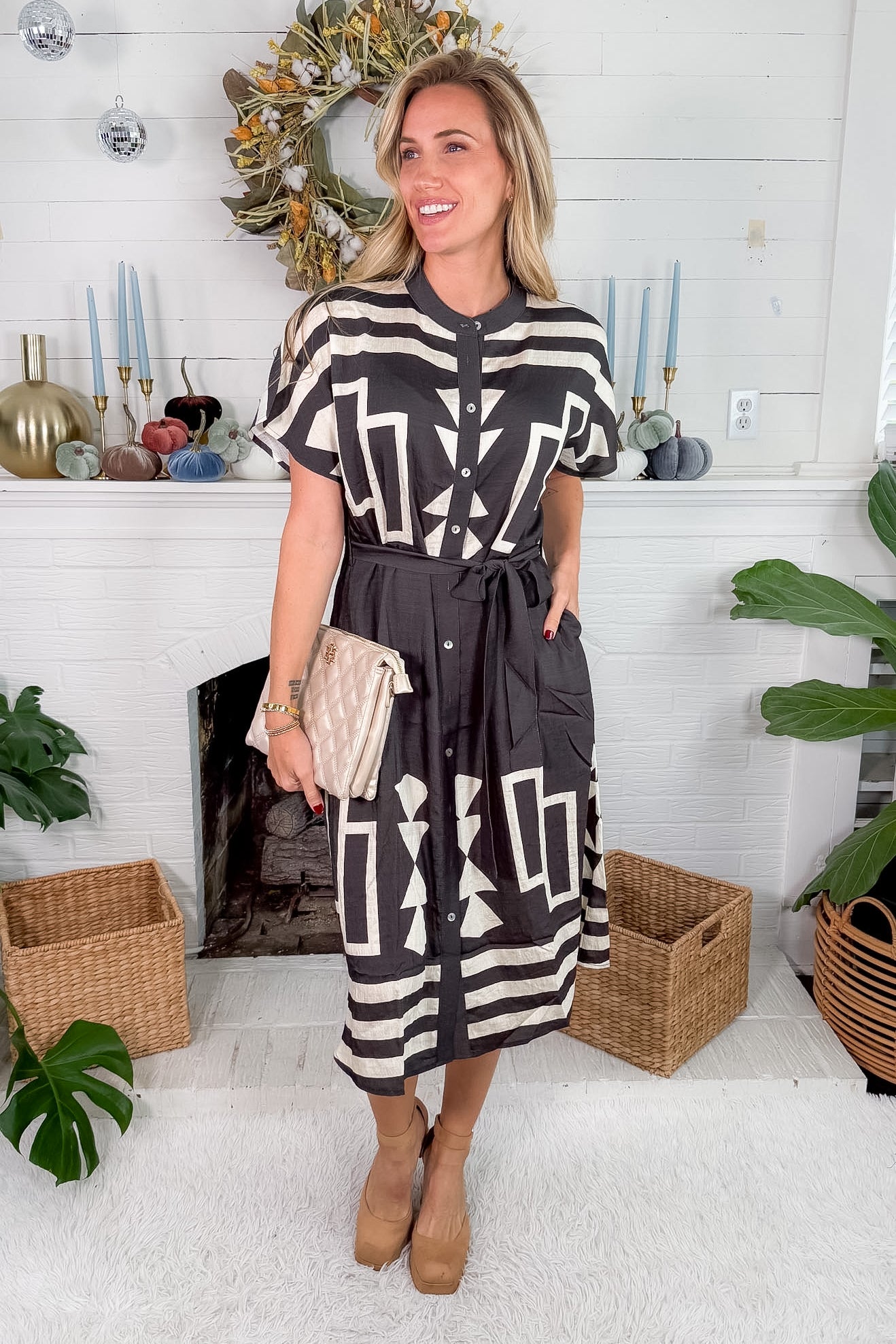 Danielle Black + White Geometric Shirt Dress THML