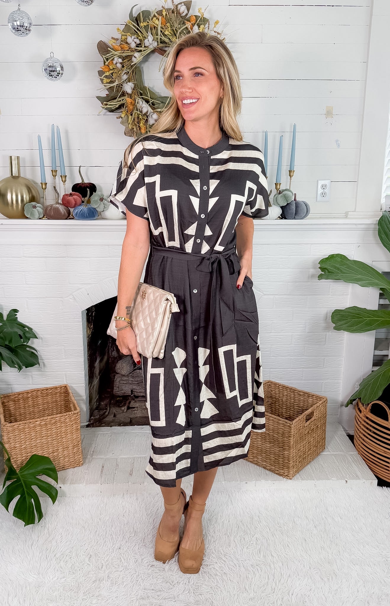 Danielle Black + White Geometric Shirt Dress THML