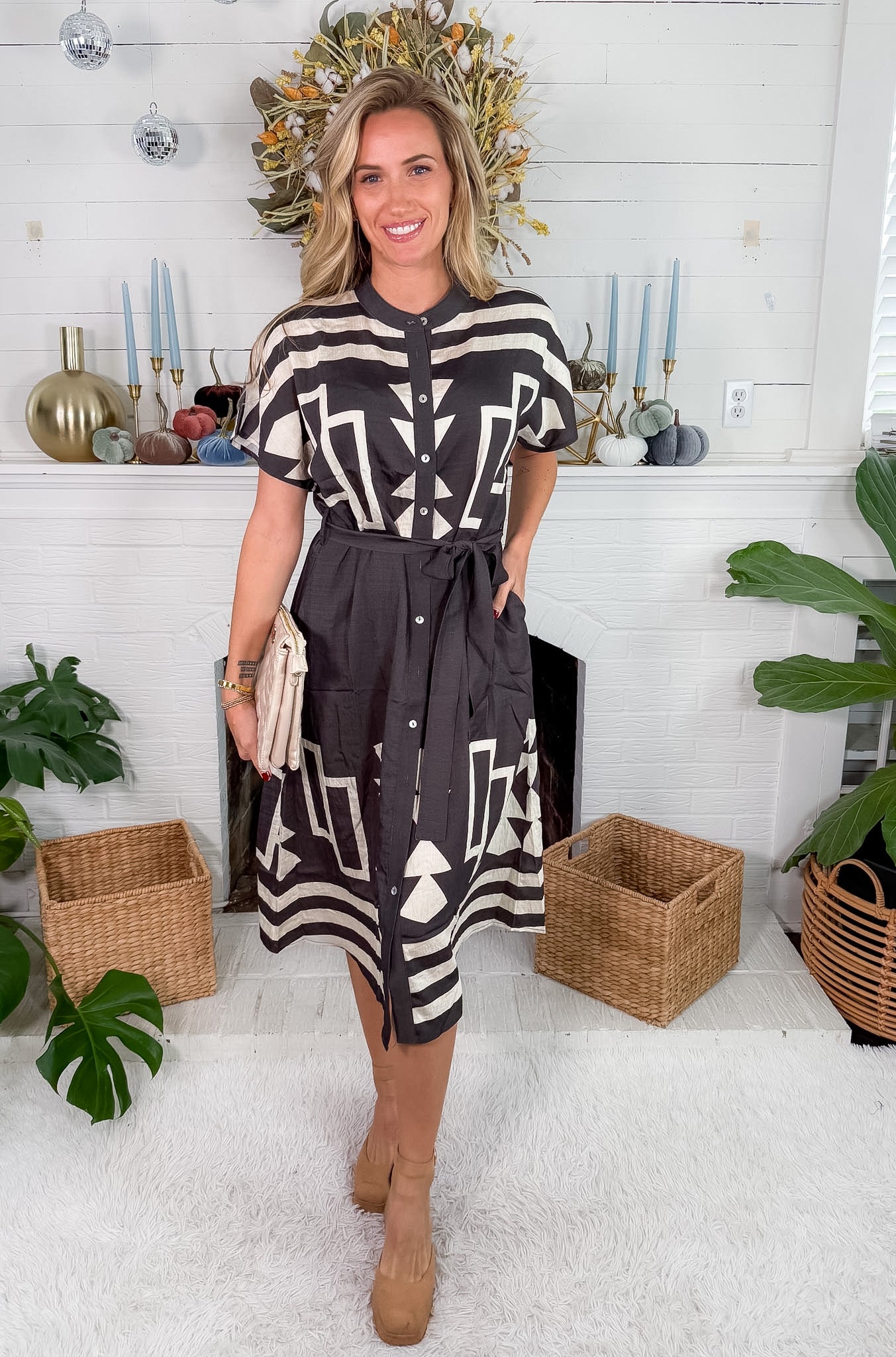 Danielle Black + White Geometric Shirt Dress THML
